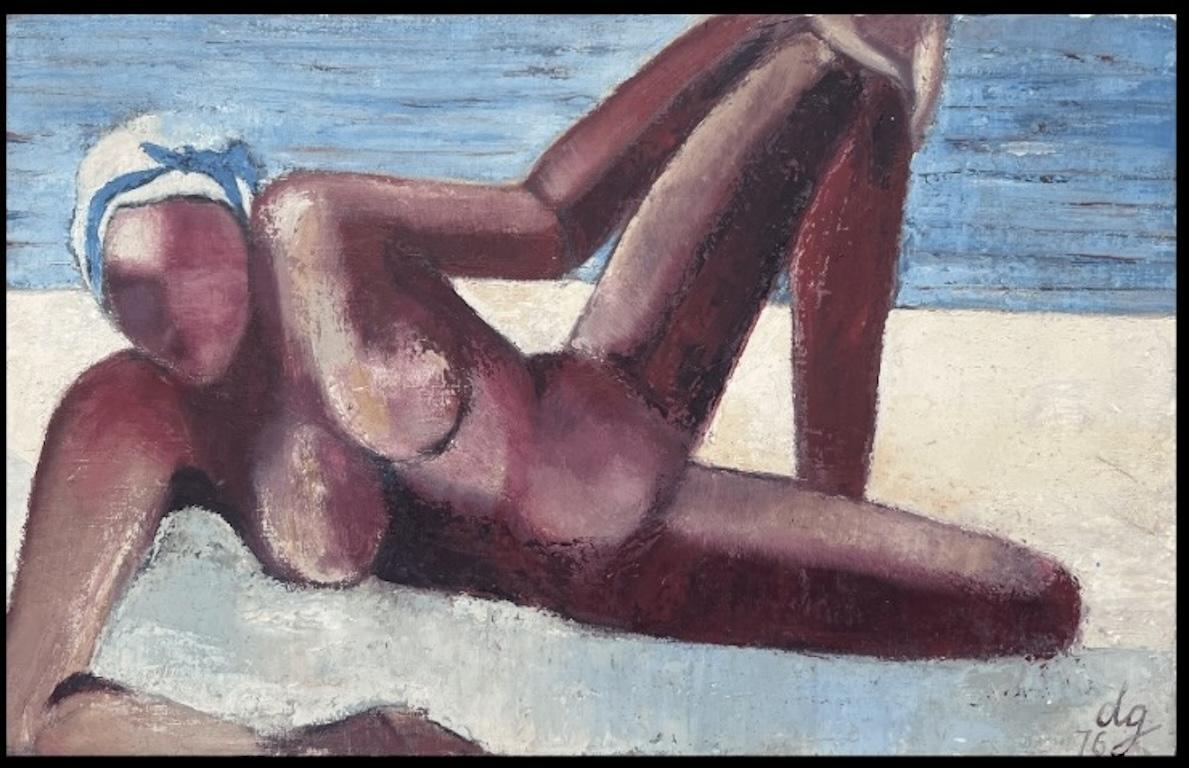 1970's French Modernist Signed Oil Nude Lady on Beach Superb Quality Painting - Gray Nude Painting by Danie Gruau
