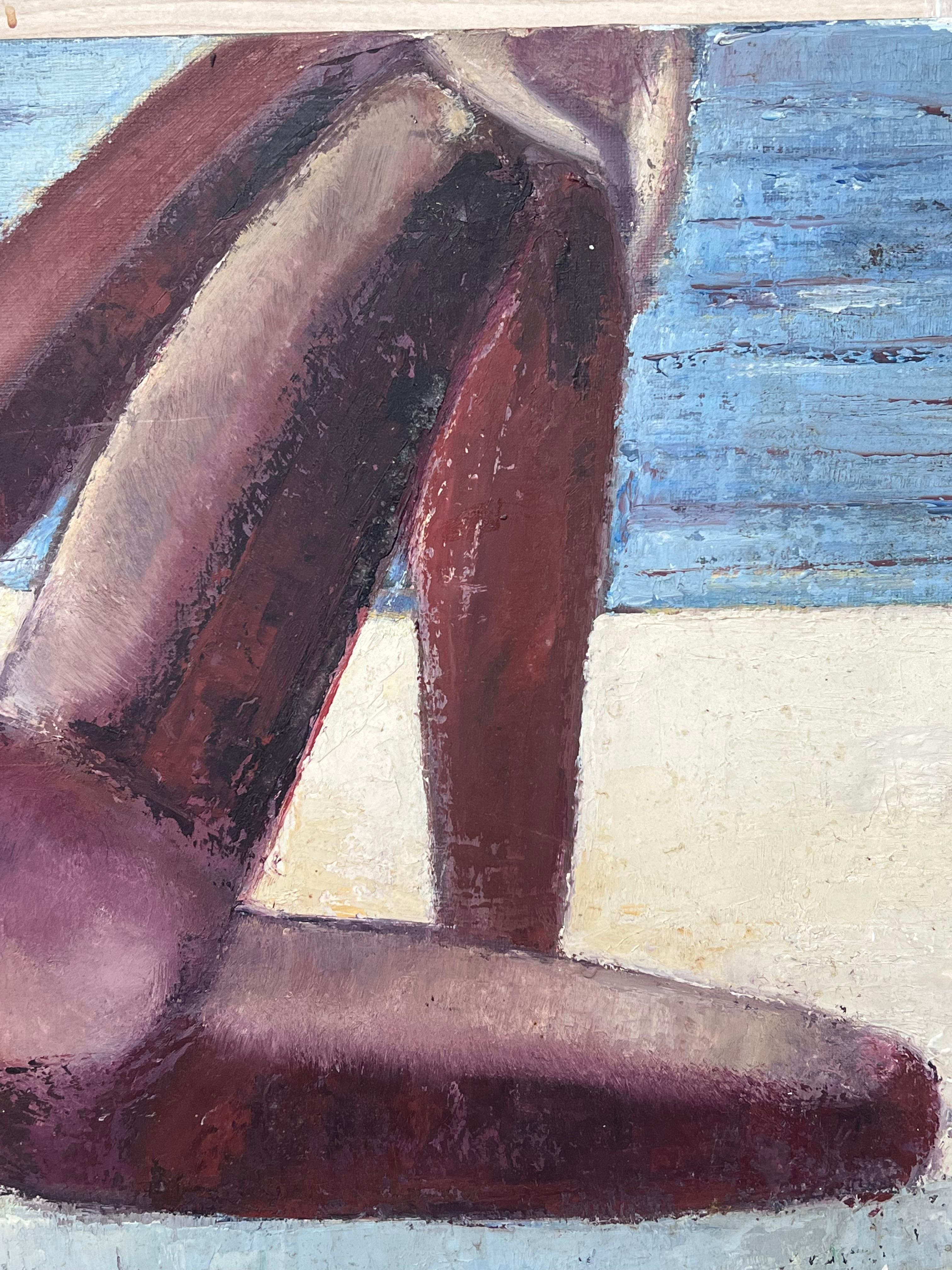 1970's French Modernist Signed Oil Nude Lady on Beach Superb Quality Painting For Sale 1