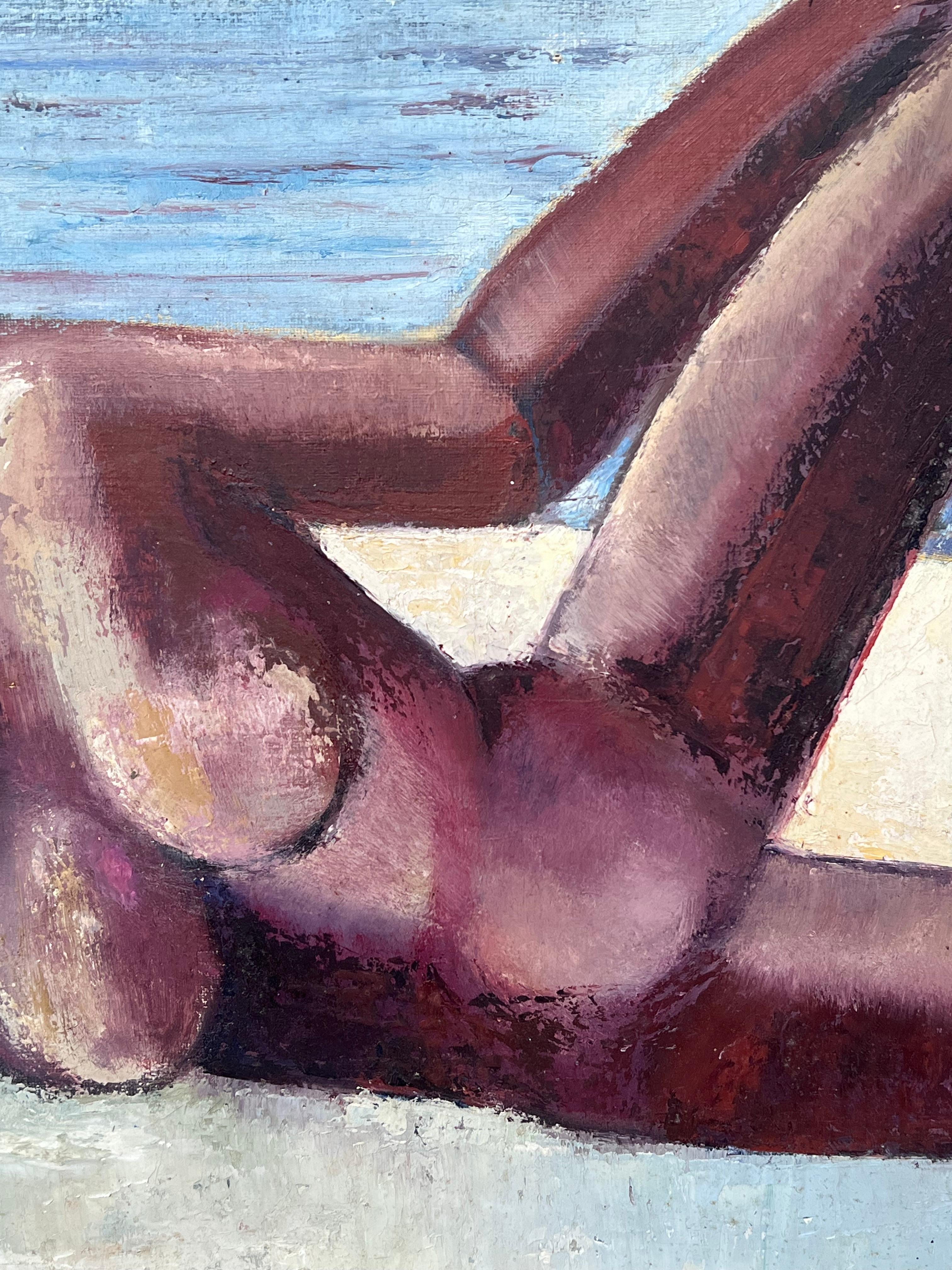 1970's French Modernist Signed Oil Nude Lady on Beach Superb Quality Painting For Sale 2