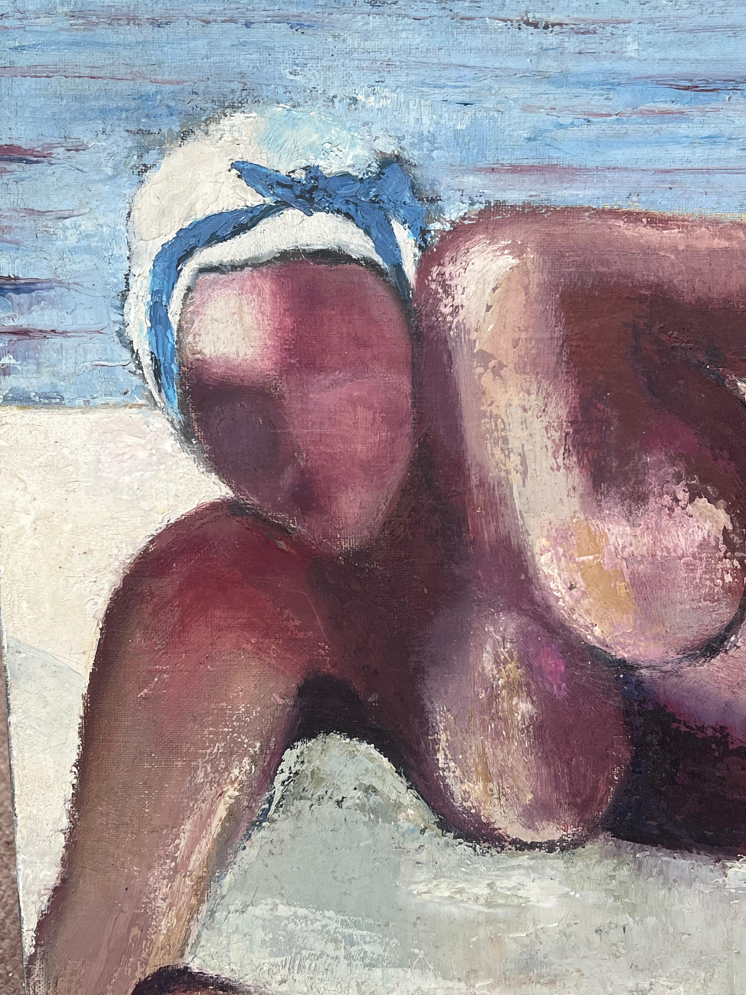 1970's French Modernist Signed Oil Nude Lady on Beach Superb Quality Painting For Sale 3