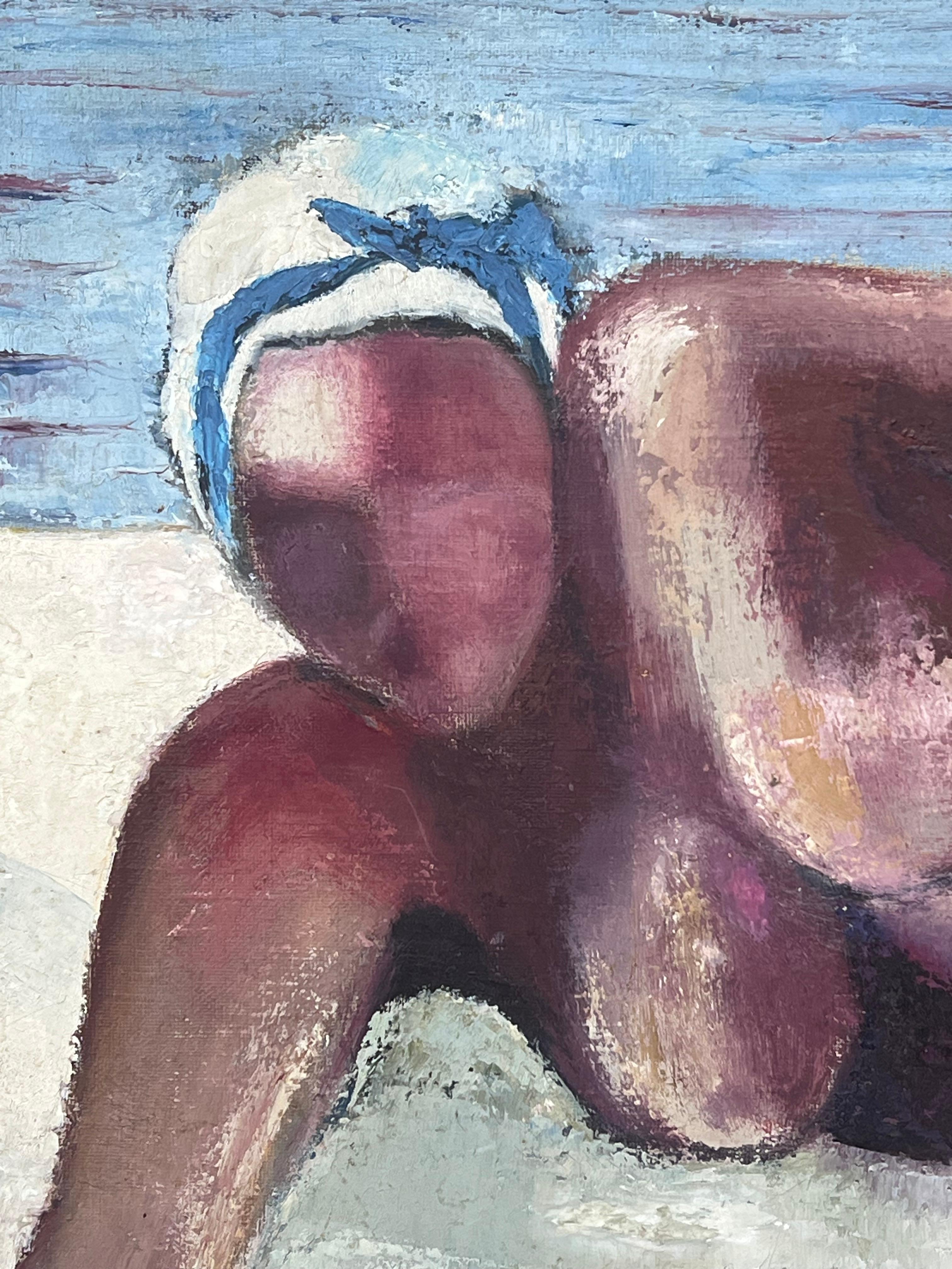 1970's French Modernist Signed Oil Nude Lady on Beach Superb Quality Painting For Sale 4