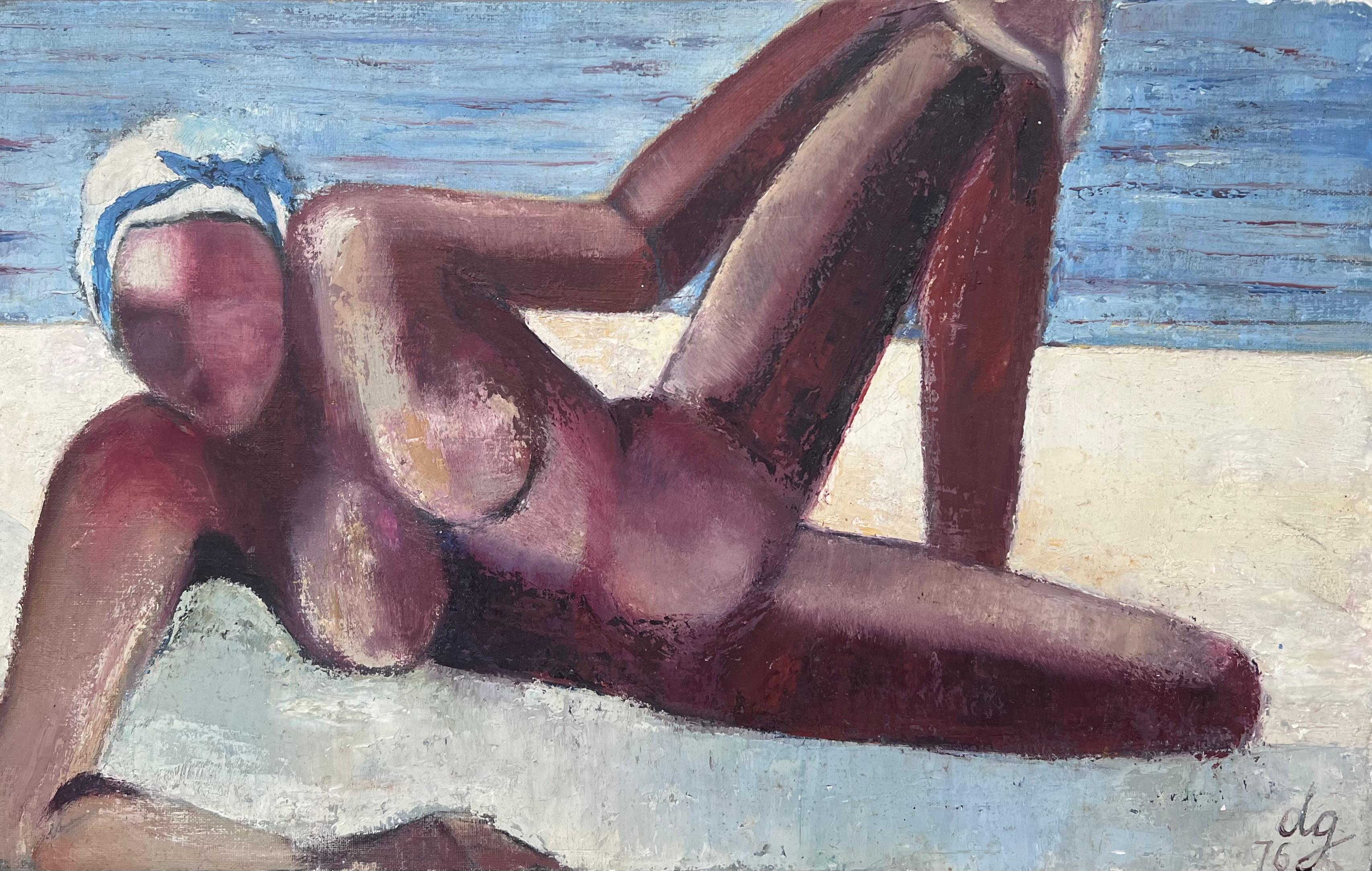 Danie Gruau Nude Painting - 1970's French Modernist Signed Oil Nude Lady on Beach Superb Quality Painting