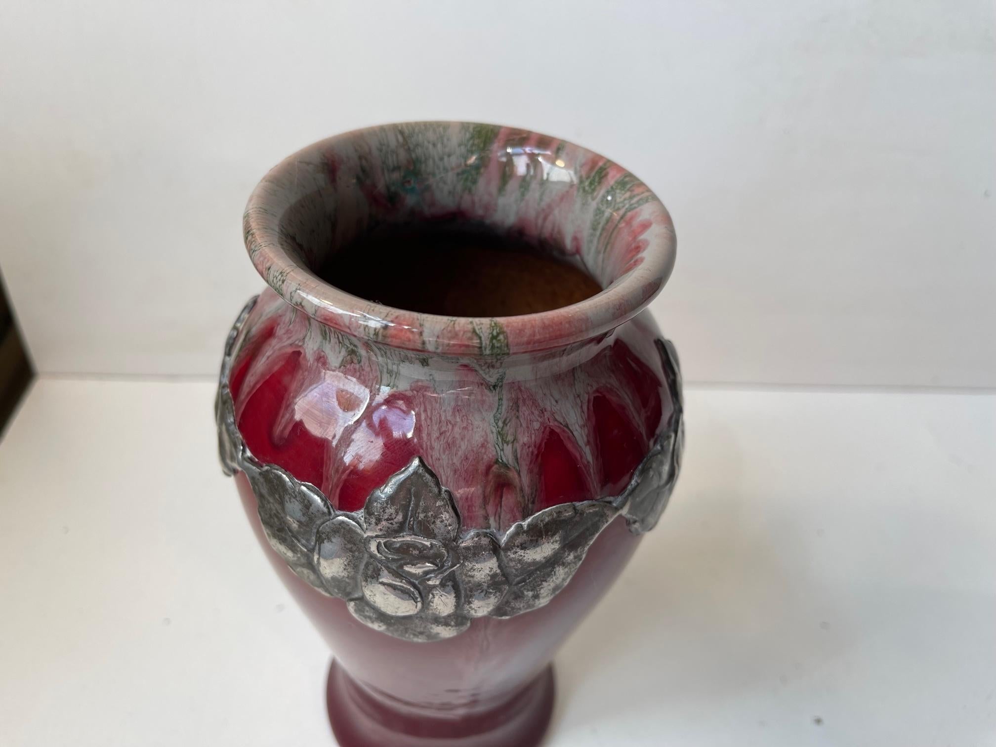 Daniel Andersen Art Nouveau Ceramic Vase in Oxblood, Drip Glaze & Pewter In Good Condition For Sale In Esbjerg, DK