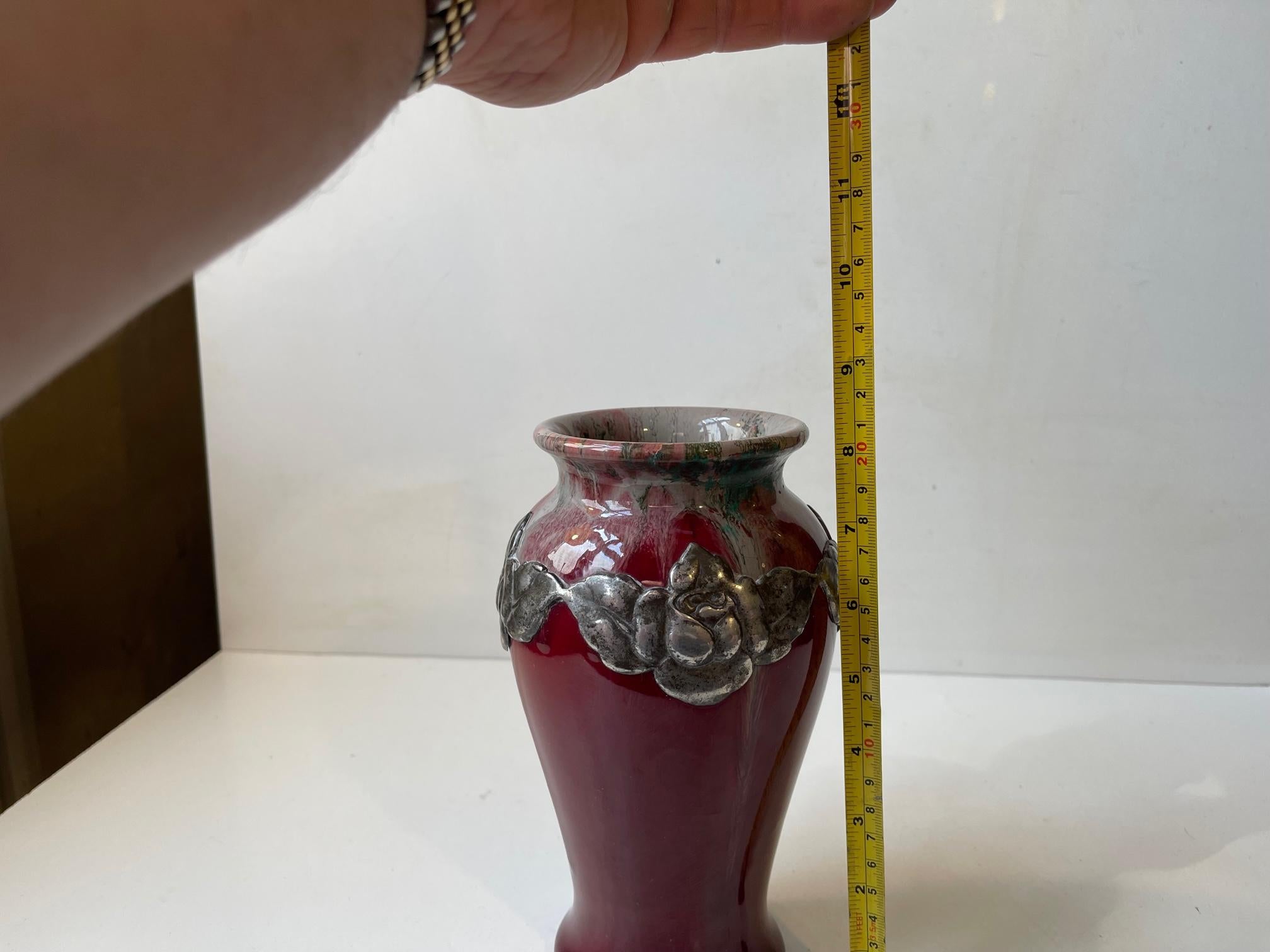 20th Century Daniel Andersen Art Nouveau Ceramic Vase in Oxblood, Drip Glaze & Pewter For Sale
