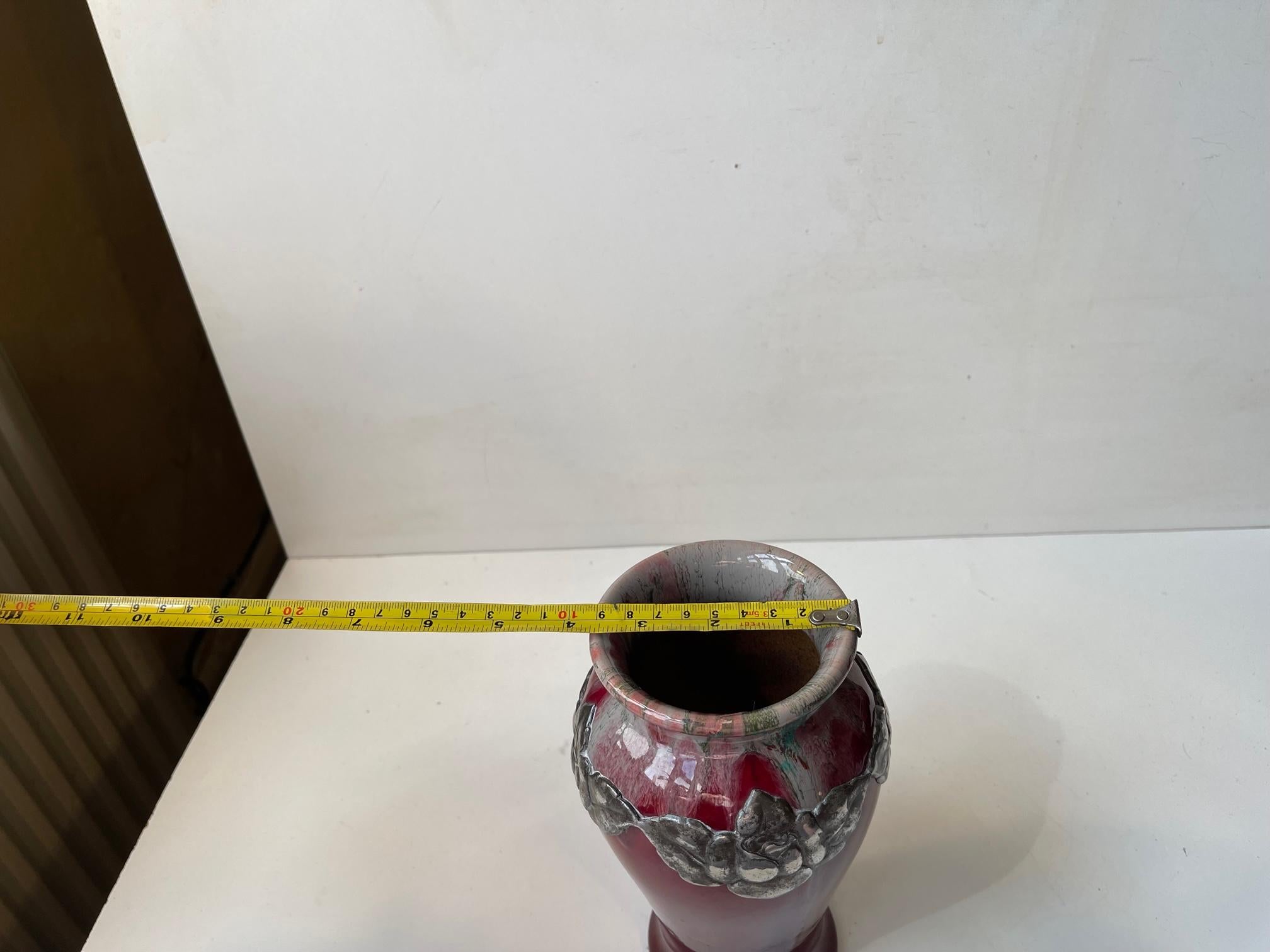 Daniel Andersen Art Nouveau Ceramic Vase in Oxblood, Drip Glaze & Pewter For Sale 1