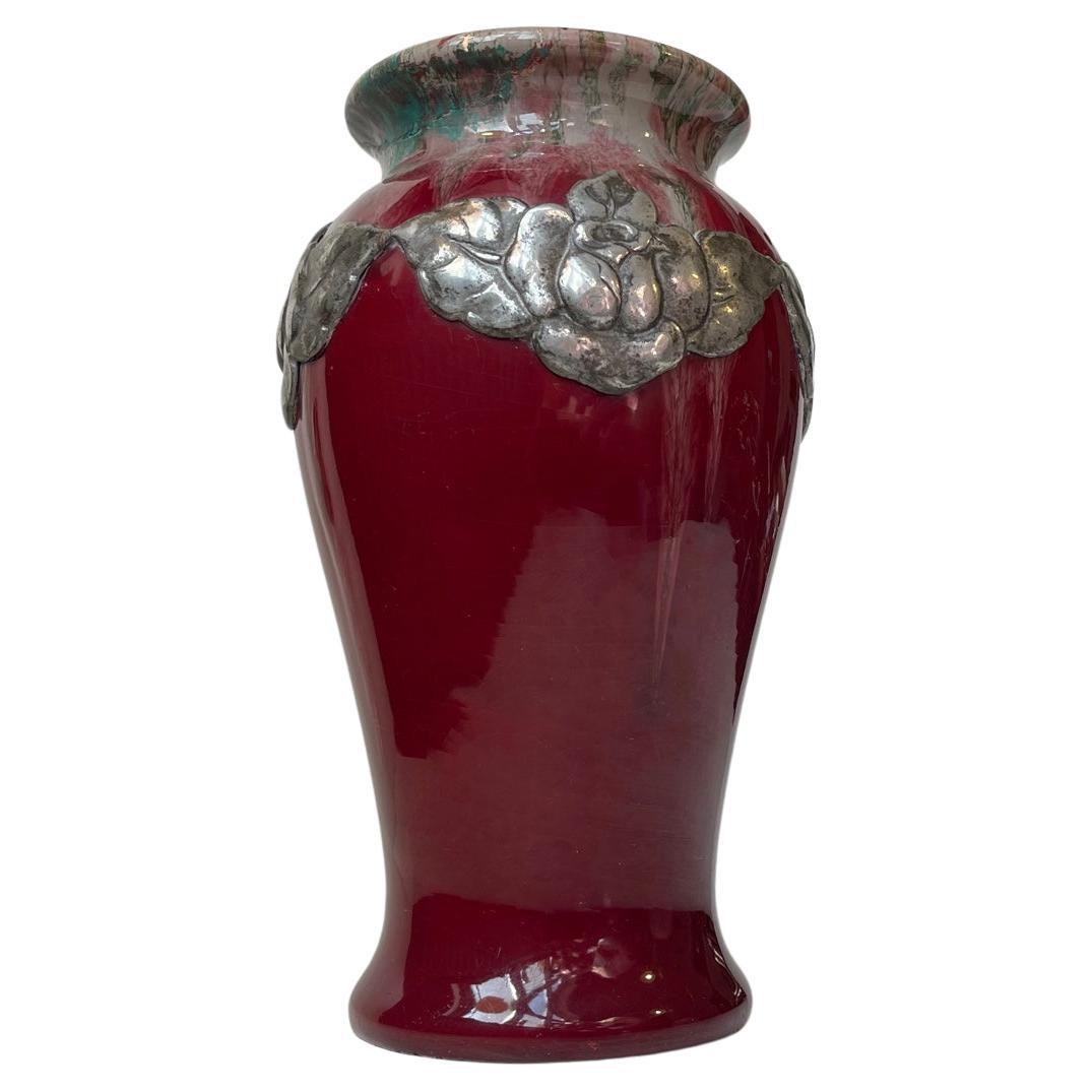 Daniel Andersen Art Nouveau Ceramic Vase in Oxblood, Drip Glaze & Pewter