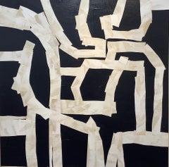 Armature III, Large Square Abstract Painted Paper Collage on Panel, Black, Ivory
