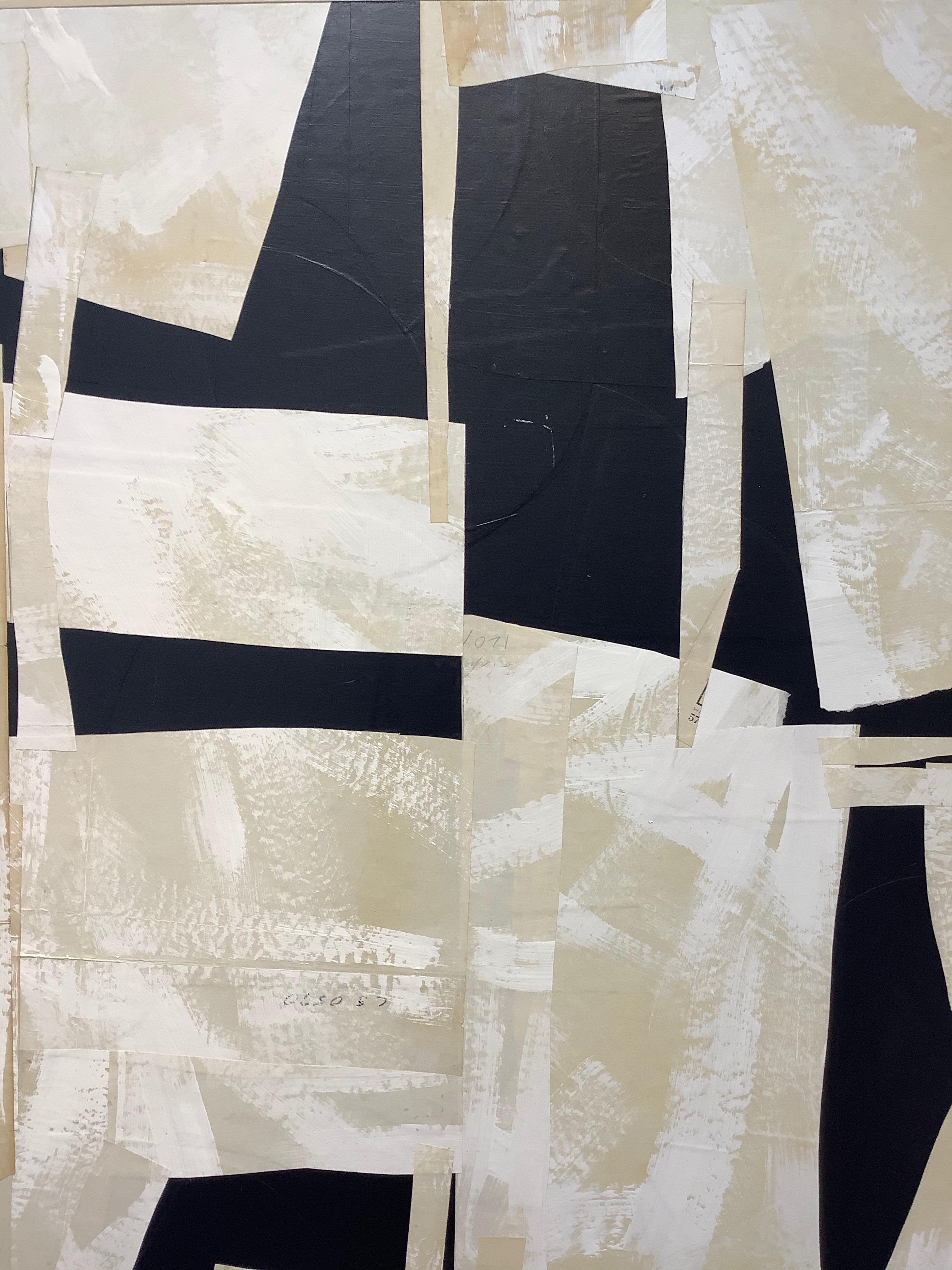 Armature IV, Large Square Abstract Painted Paper Collage on Panel, Black, Ivory 1