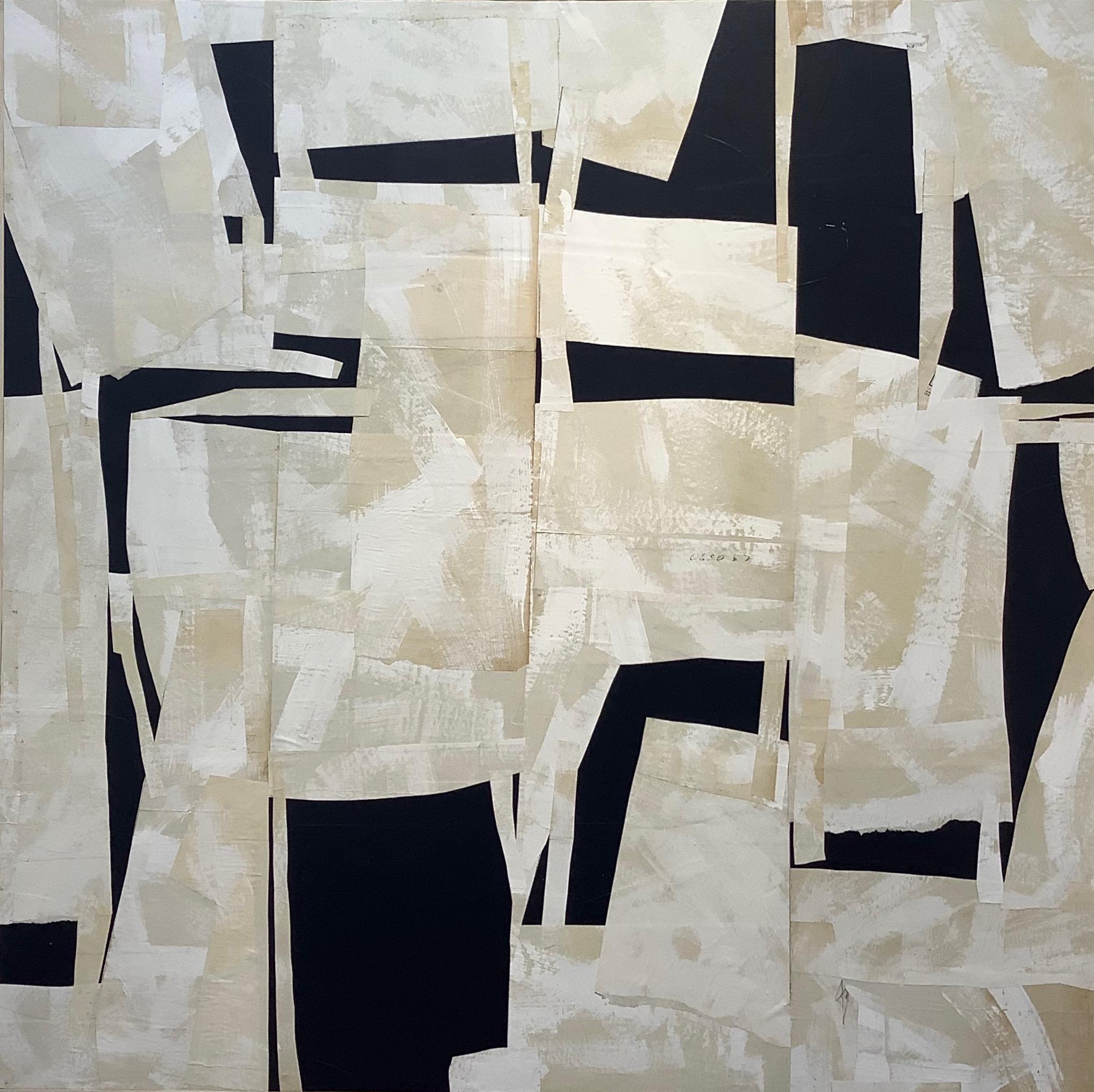 Armature IV, Large Square Abstract Painted Paper Collage on Panel, Black, Ivory