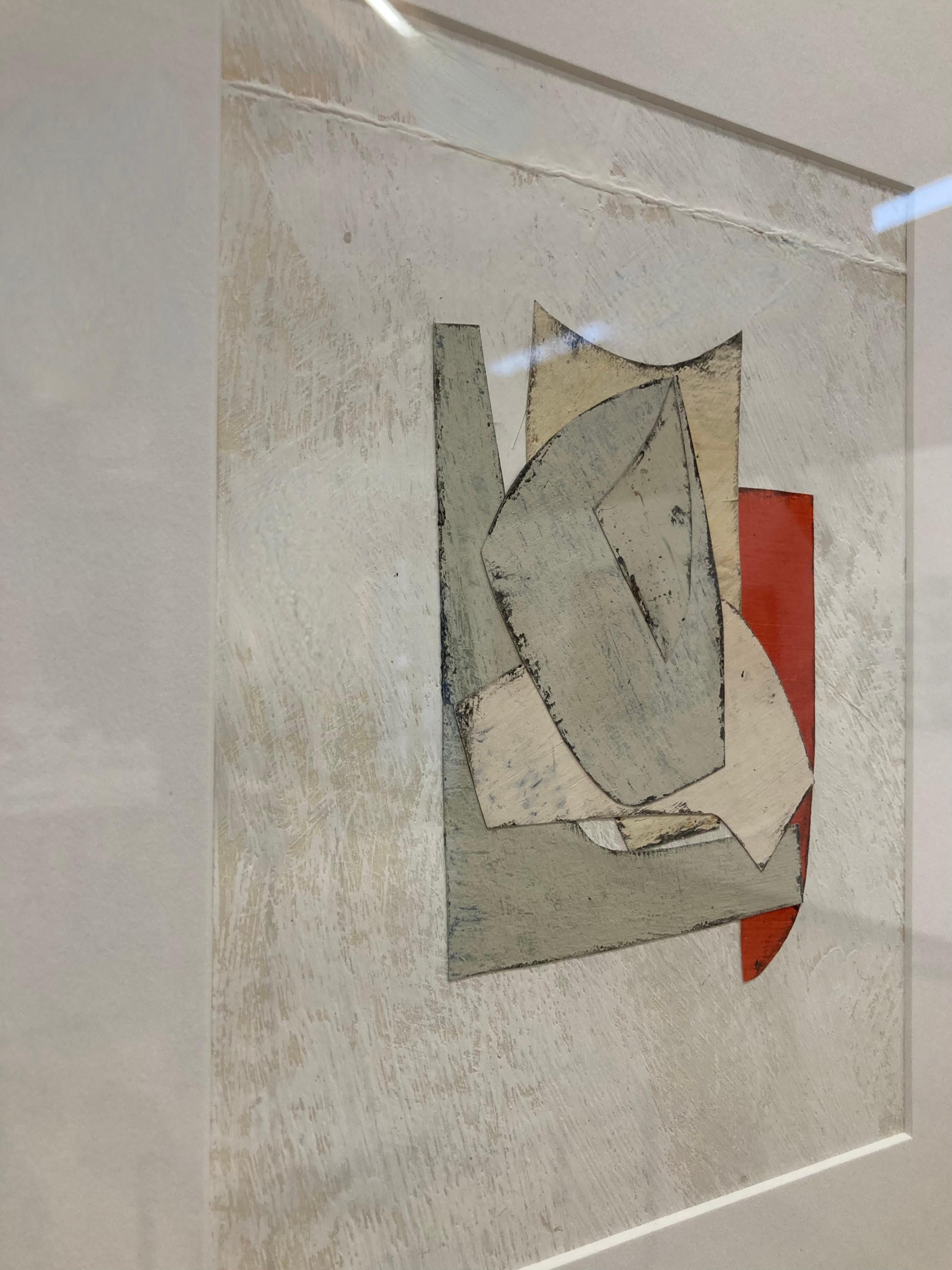 Daniel Anselmi uses painting and collage to explore the various ways in which color, line, and form can be expressed abstractly. 

In this vertical painted paper collage on paper, smooth curvilinear and sharp angular forms intersect and overlap one