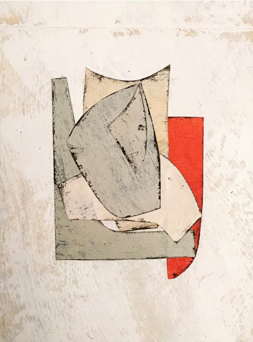 Residuum Series V, Abstract Painted Paper Collage in Ivory, Beige, White, Red