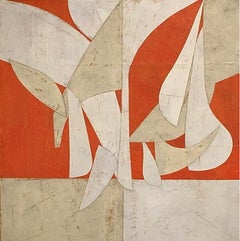 Untitled 1-11, Abstract Painted Paper Collage on Panel in Cream, Red, Coral
