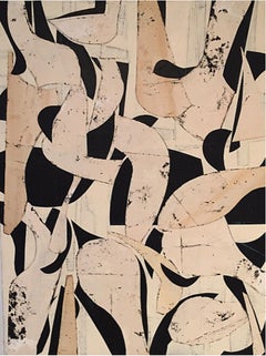 Untitled 11-12, Abstract Painted Paper Collage on Panel in Black, Beige, Ivory
