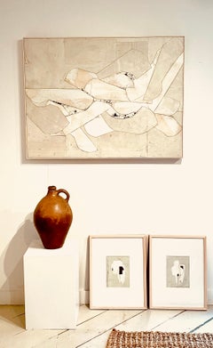 Untitled 11-4, Abstract Painted Paper Collage on Panel, Cream, Ivory, Off White