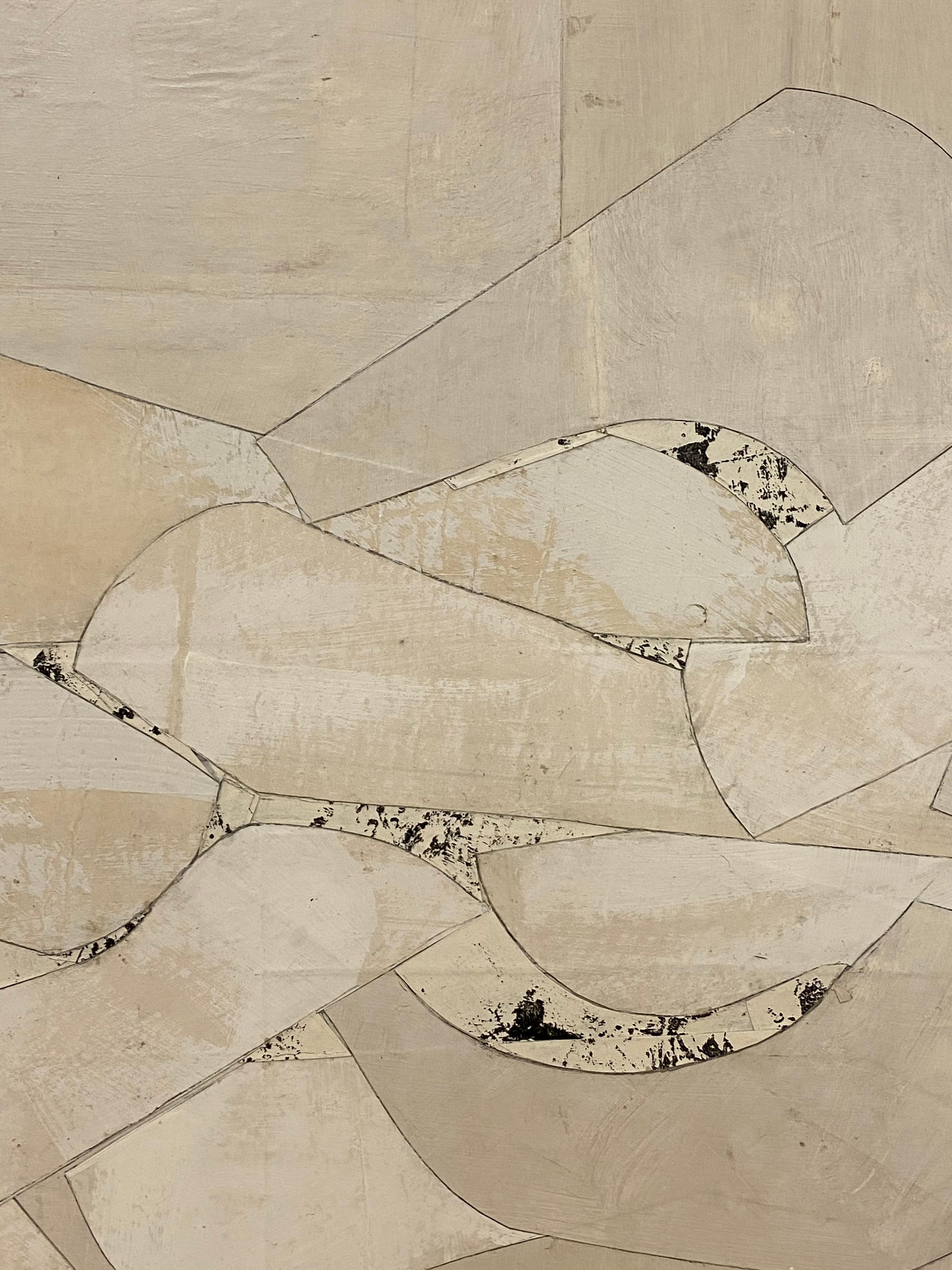 Daniel Anselmi uses painting and collage to explore the various ways in which color, line, and form can be expressed abstractly. In this horizontal painted paper collage on panel, smooth curvilinear and sharp angular forms intersect and overlap one