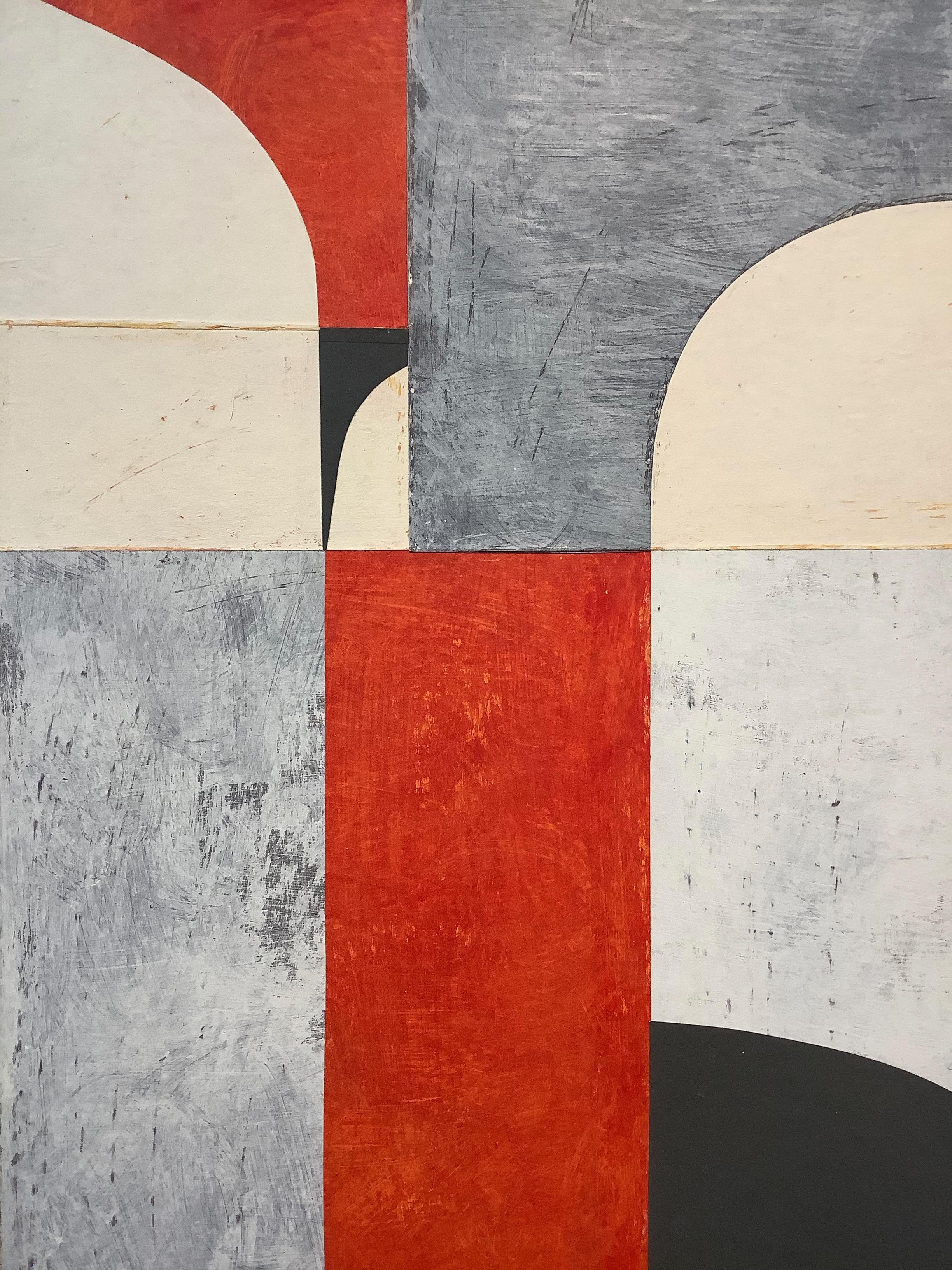Daniel Anselmi uses painting and collage to explore the various ways in which color, line, and form can be expressed abstractly. 

In this vertical painted paper collage on panel, smooth curvilinear and sharp angular forms intersect and overlap one