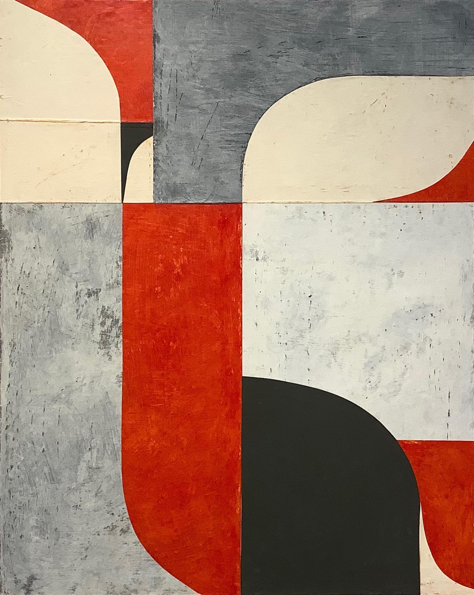 Daniel Anselmi Abstract Painting - Untitled 6-26, Abstract Painted Paper Collage on Panel, Red, Black, Cream, Gray