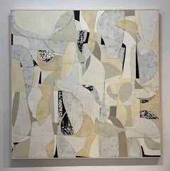Untitled 8-14, Abstract Painted Paper Collage on Panel in Cream, Ivory, Gray