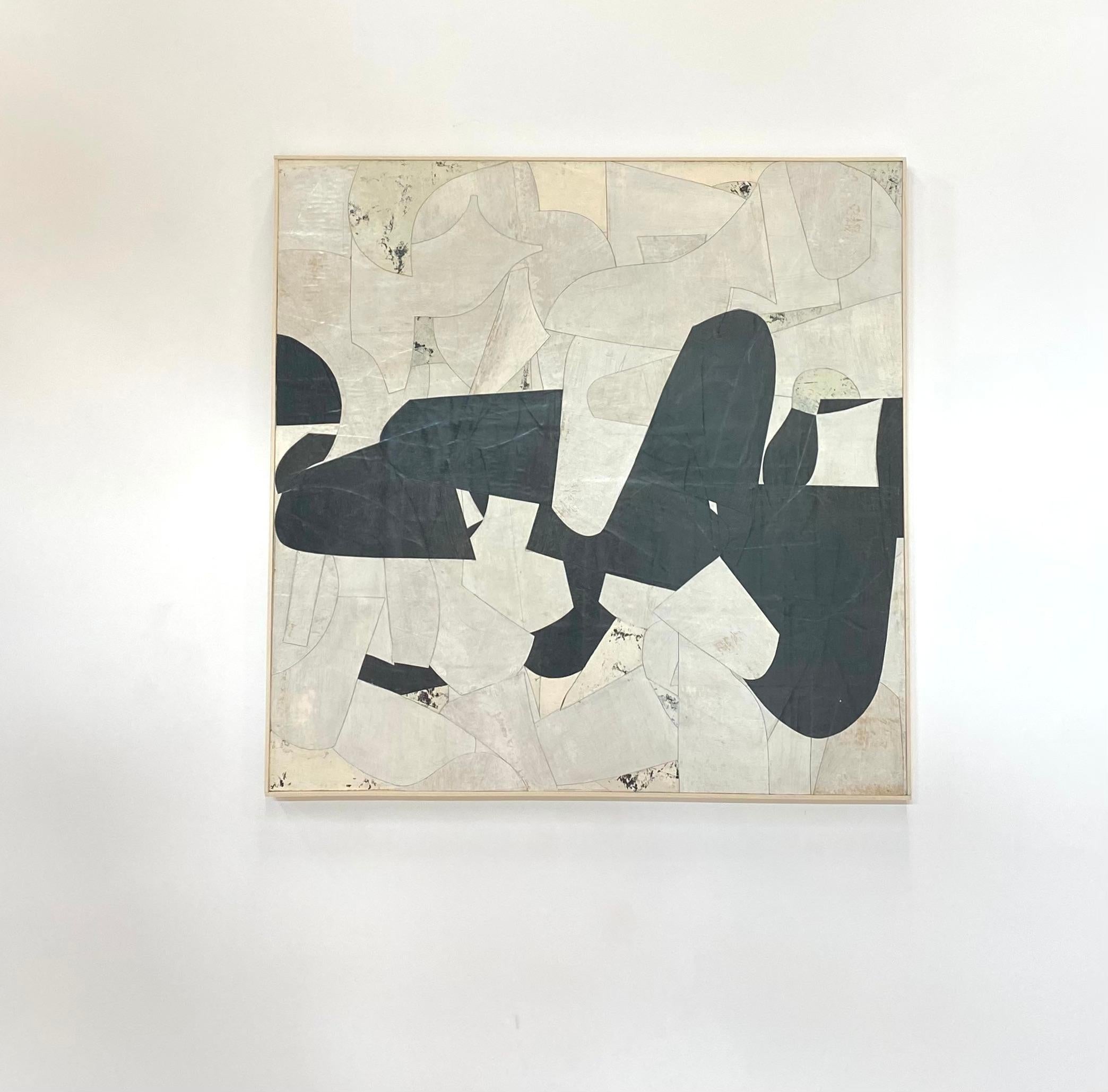 Untitled 8-27, Square Abstract Painted Paper Collage on Panel, Black, Ivory 9