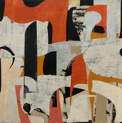 Untitled 9-24, Abstract Painted Paper Collage on Panel in Red, Gray, and Black