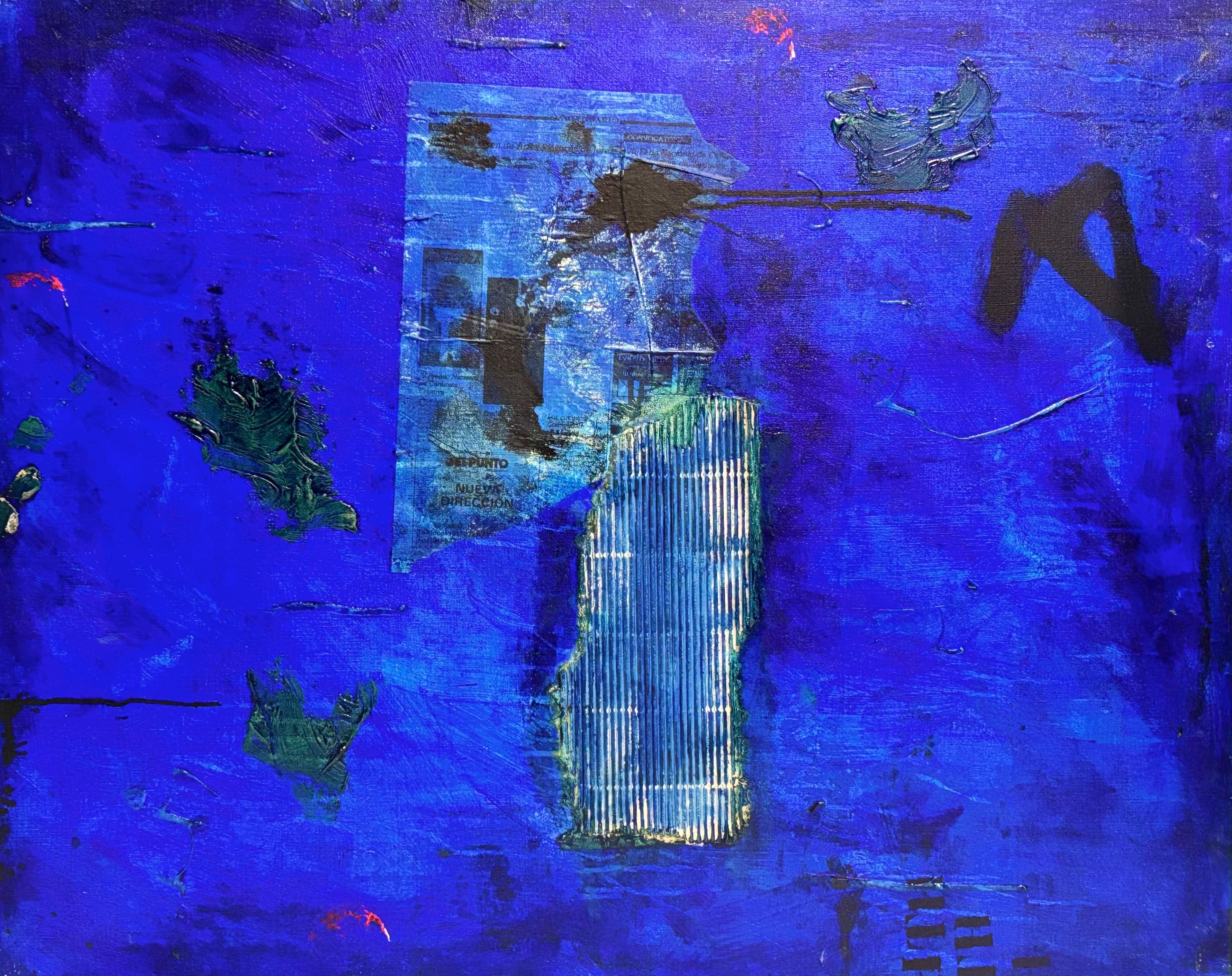 Daniel Argimon Abstract Painting - Daniel Argimón – Blue Informalist Mixed Media Collage on Canvas