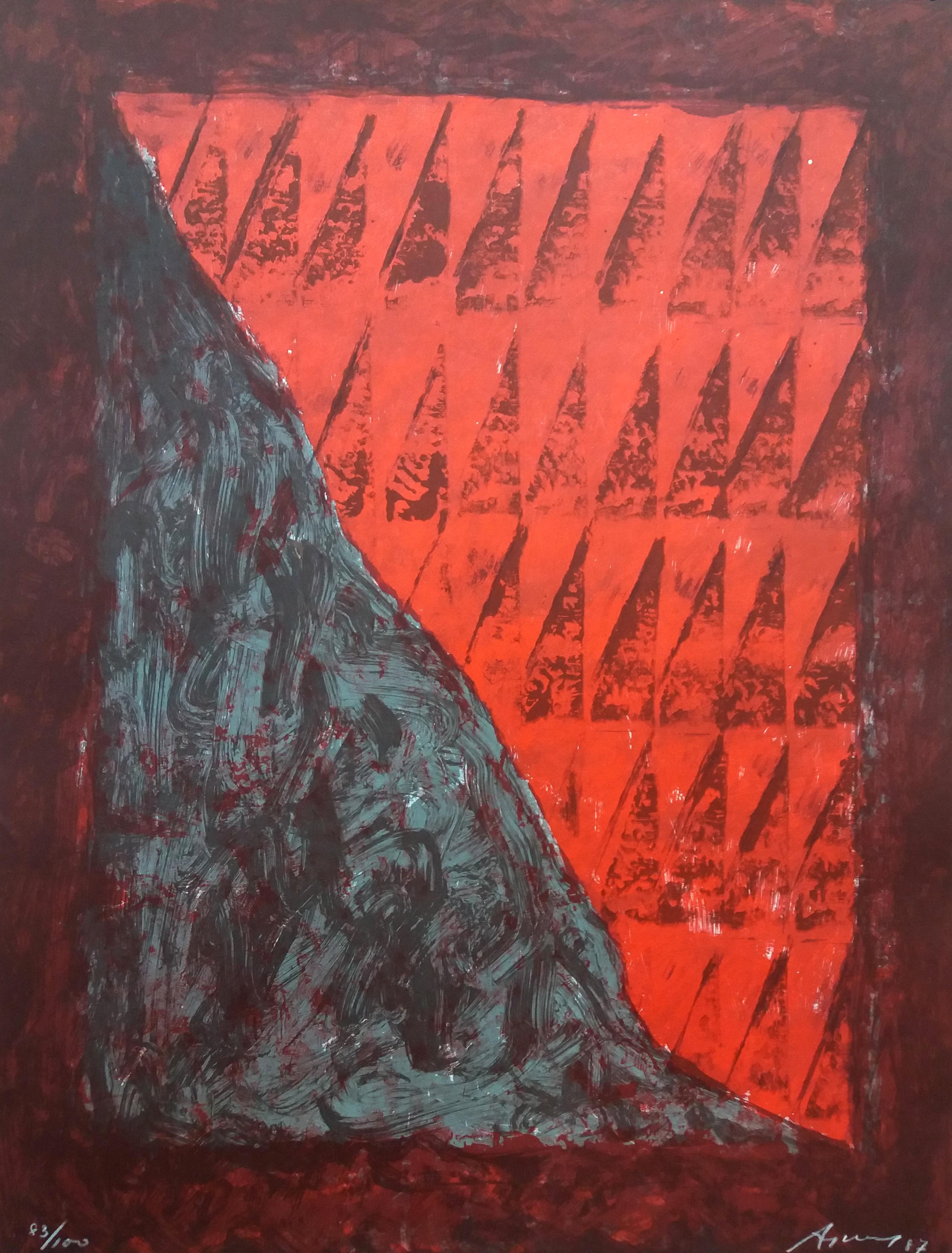 Argimon  Rot und Brown, Vertikal,  Original-Lithographie-Gemälde – Print von Daniel Argimon