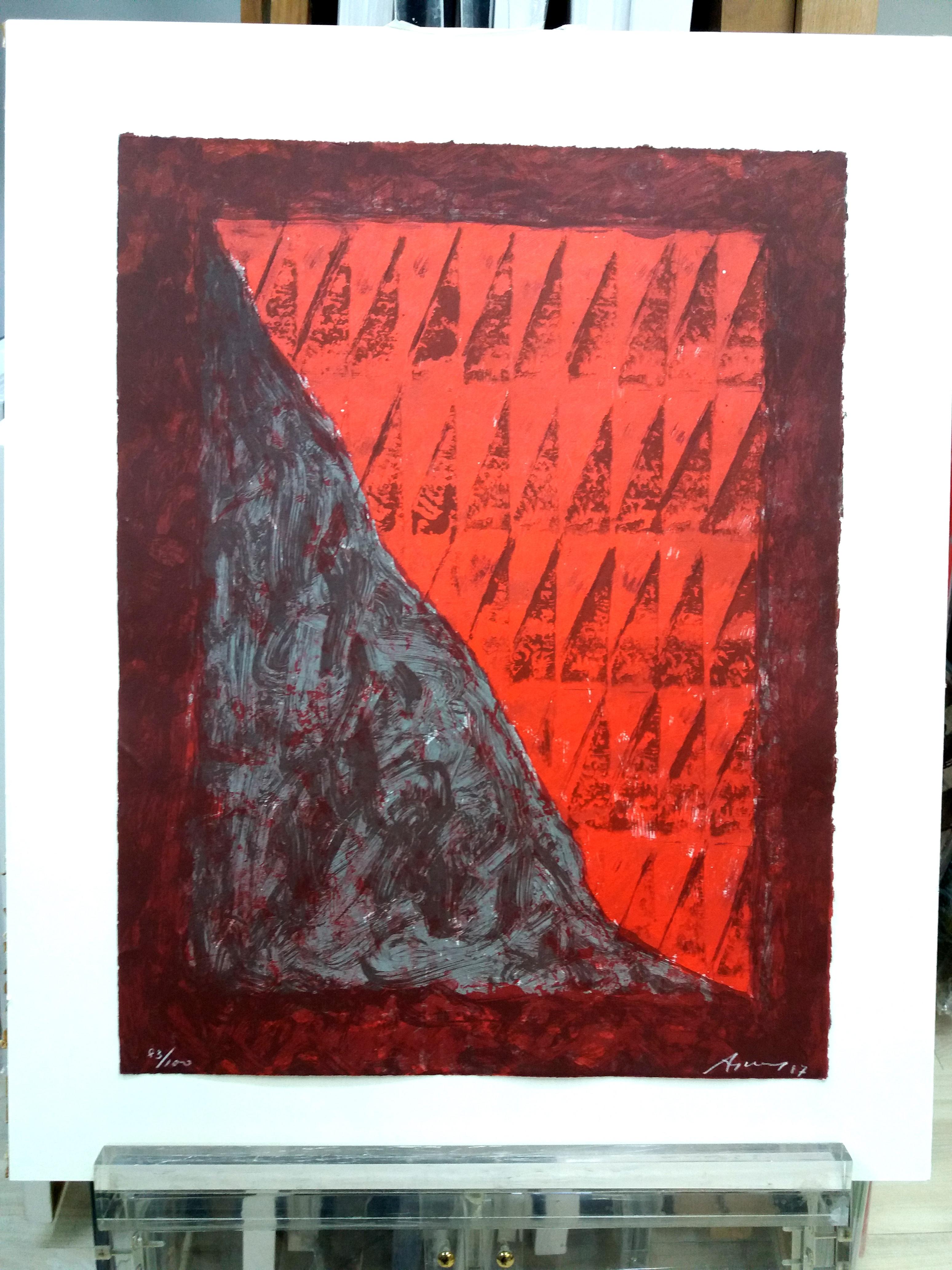 Argimon  Red and Brown, Vertical,  original litograph painting - Abstract Print by Daniel Argimon