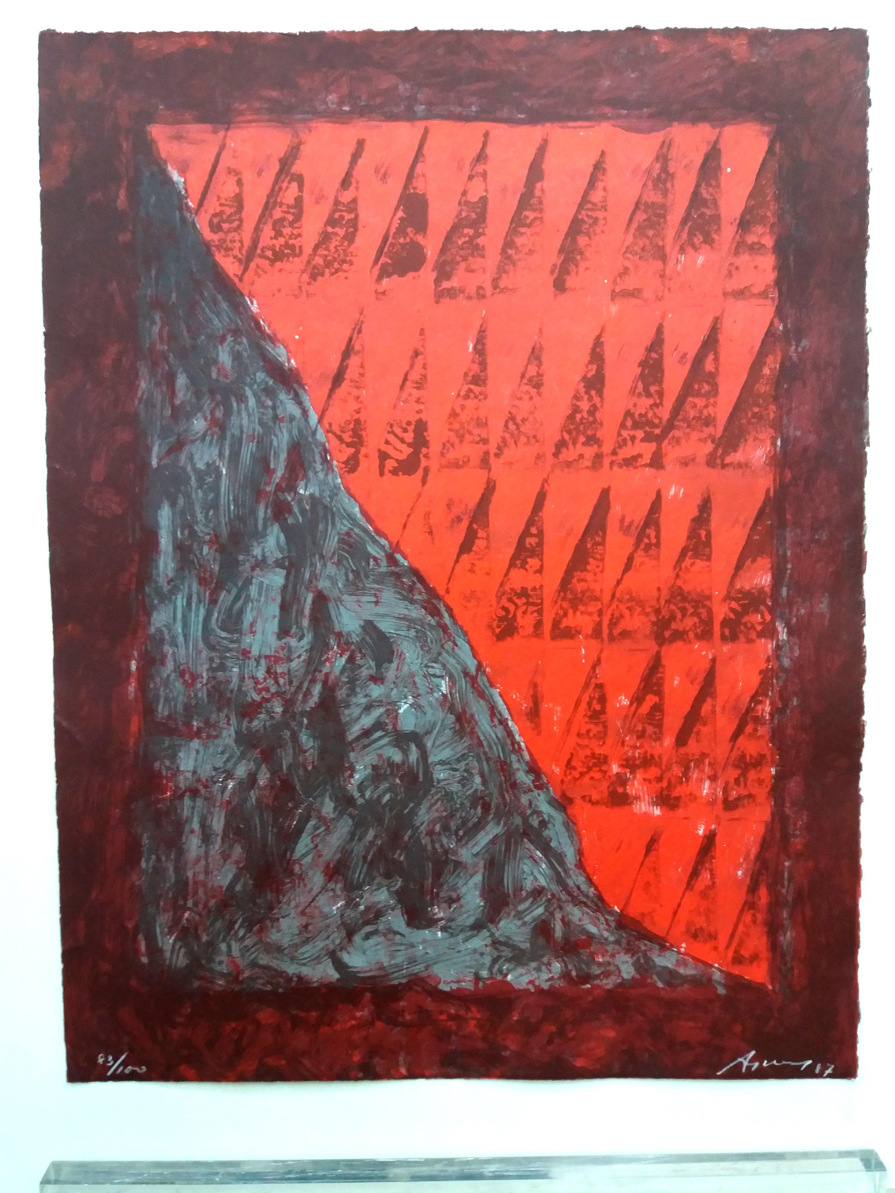 Rotes und braunes Original-Lithographie-Gemälde, gerahmt
 Argimon (Sarriá 1929 - Barcelona 1996) ist einer der großen katalanischen Künstler des Informalismus. Dieser Maler, Graveur und Bildhauer hat einen Großteil der Kunst des 20. Jahrhunderts