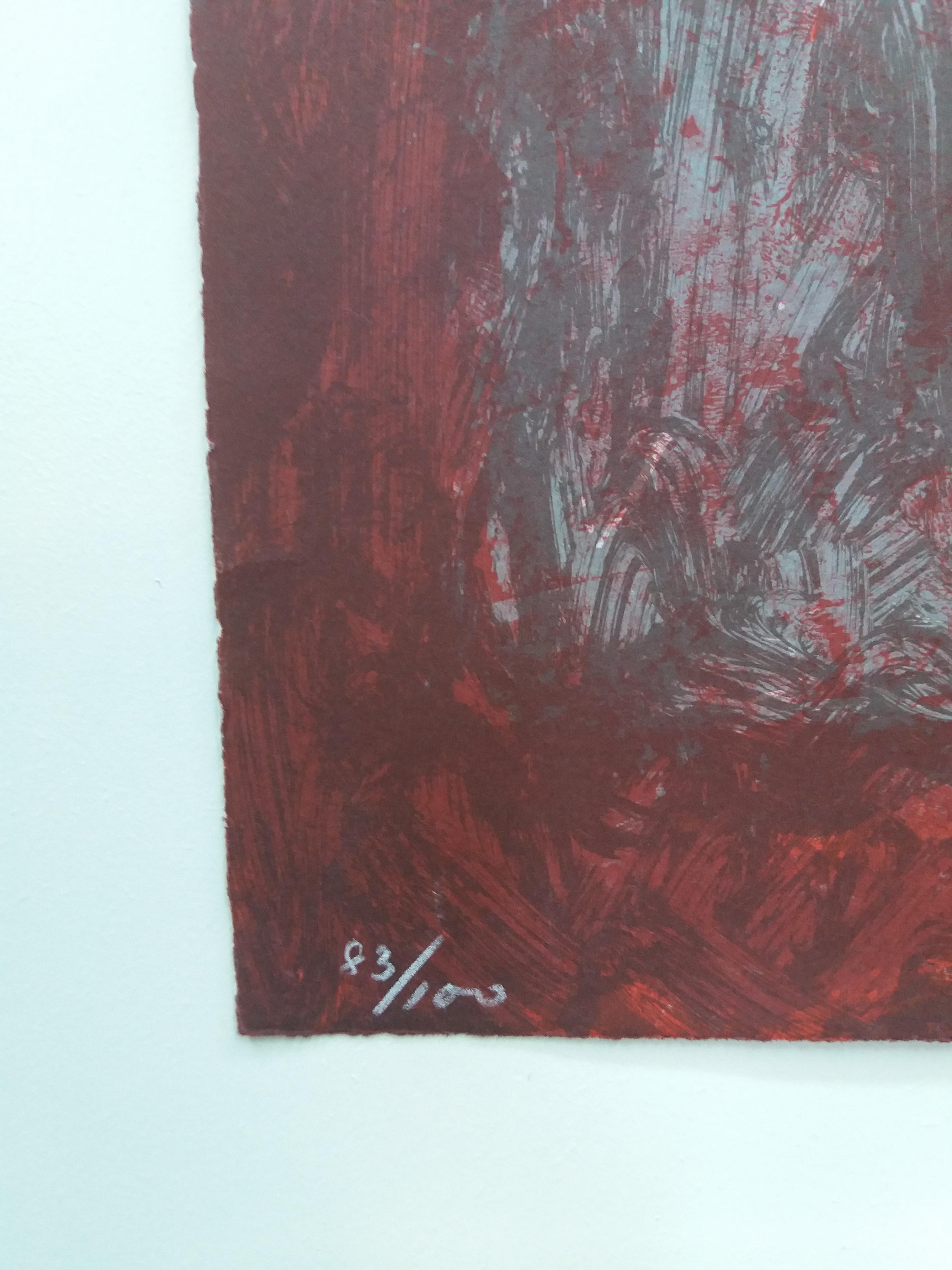 Rotes und braunes Original-Lithographie-Gemälde, gerahmt
 Argimon (Sarriá 1929 - Barcelona 1996) ist einer der großen katalanischen Künstler des Informalismus. Dieser Maler, Graveur und Bildhauer hat einen Großteil der Kunst des 20. Jahrhunderts
