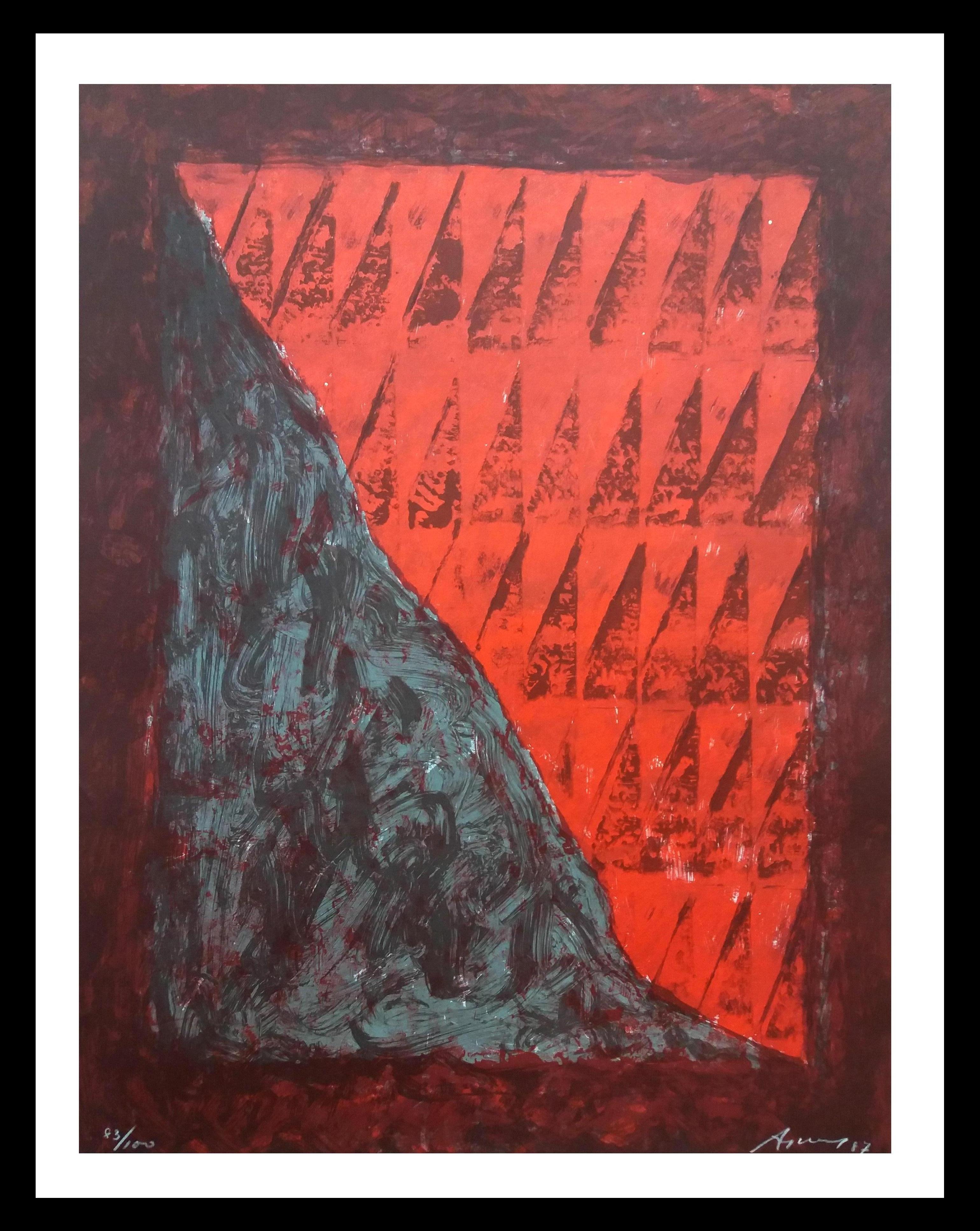Daniel Argimon Abstract Print – Argimon  Rot und Brown, Vertikal,  Original-Lithographie-Gemälde