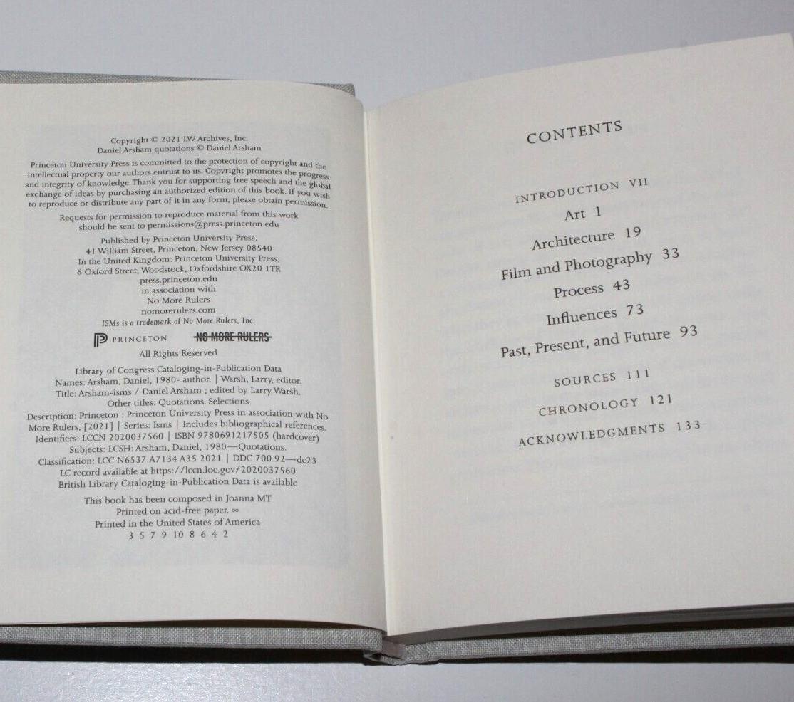 Published by Princeton University Press in association with No More Rulers, 2021
Hardcover, 152 pages
10.8 x 13.4 cm  4.25 x 5.25 in 
Edited by Larry Warsh

From the publisher:
The work of renowned contemporary artist Daniel Arsham blurs the lines