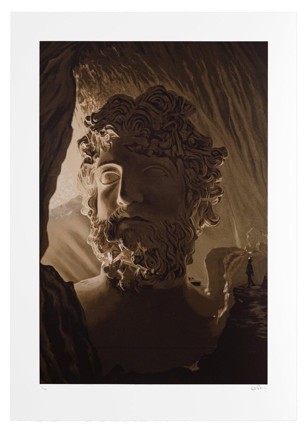 Grotte tropicale de Zeus, sérigraphie sur papier de Daniel Arsham, 2021

L'esthétique uchronique de Daniel Arsham s'articule autour de son concept d'archéologie fictive. Travaillant la sculpture, l'architecture, le dessin et le cinéma, il crée et