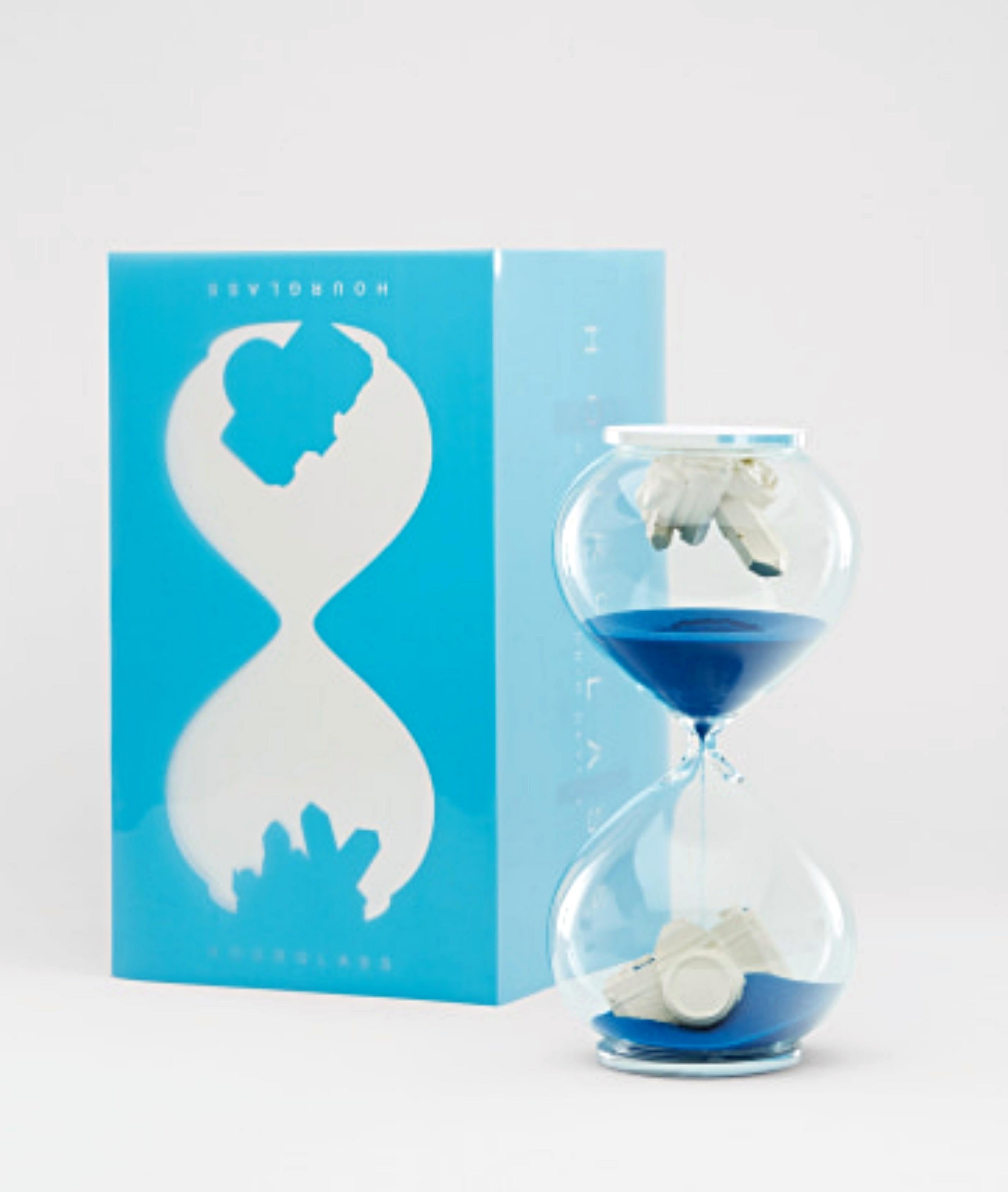 Hourglass (blue): glass sculpture sand, cast camera & quartz crystal; New in box - Sculpture by Daniel Arsham