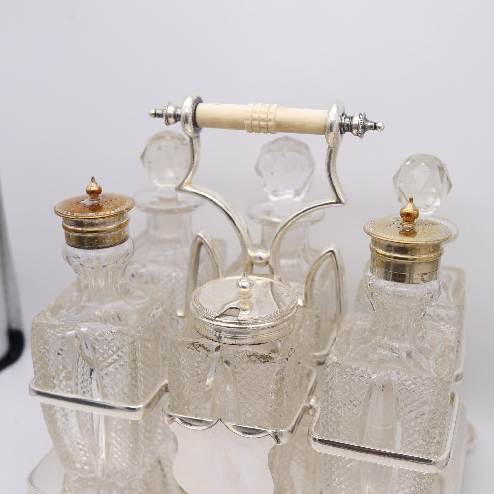 Late Victorian DANIEL & ARTER 1900 London, Bailey Banks & Biddle 6 Pieces Cruet Set Cut Glass For Sale