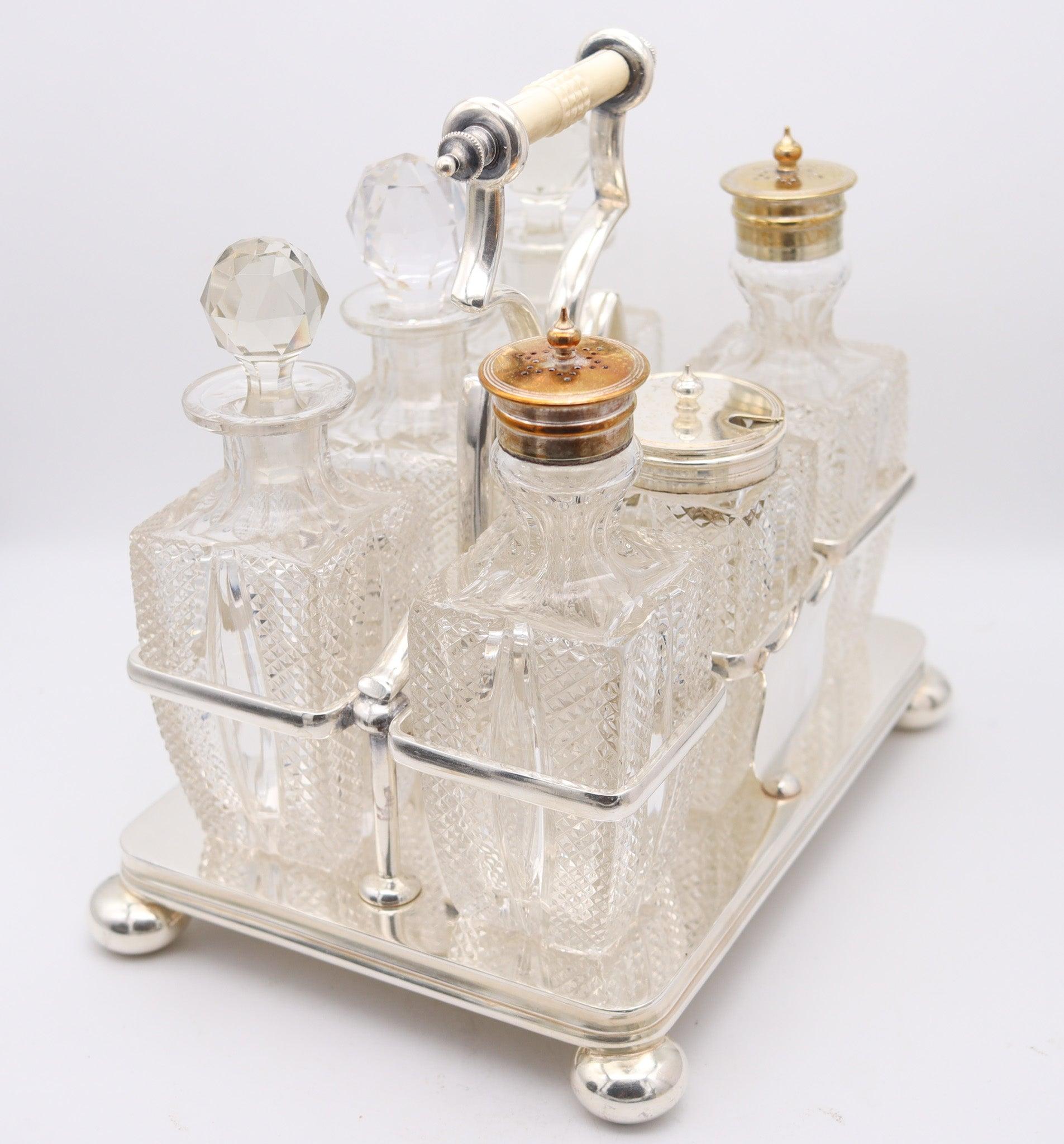 DANIEL & ARTER 1900 London, Bailey Banks & Biddle 6 Pieces Cruet Set Cut Glass In Excellent Condition For Sale In Miami, FL