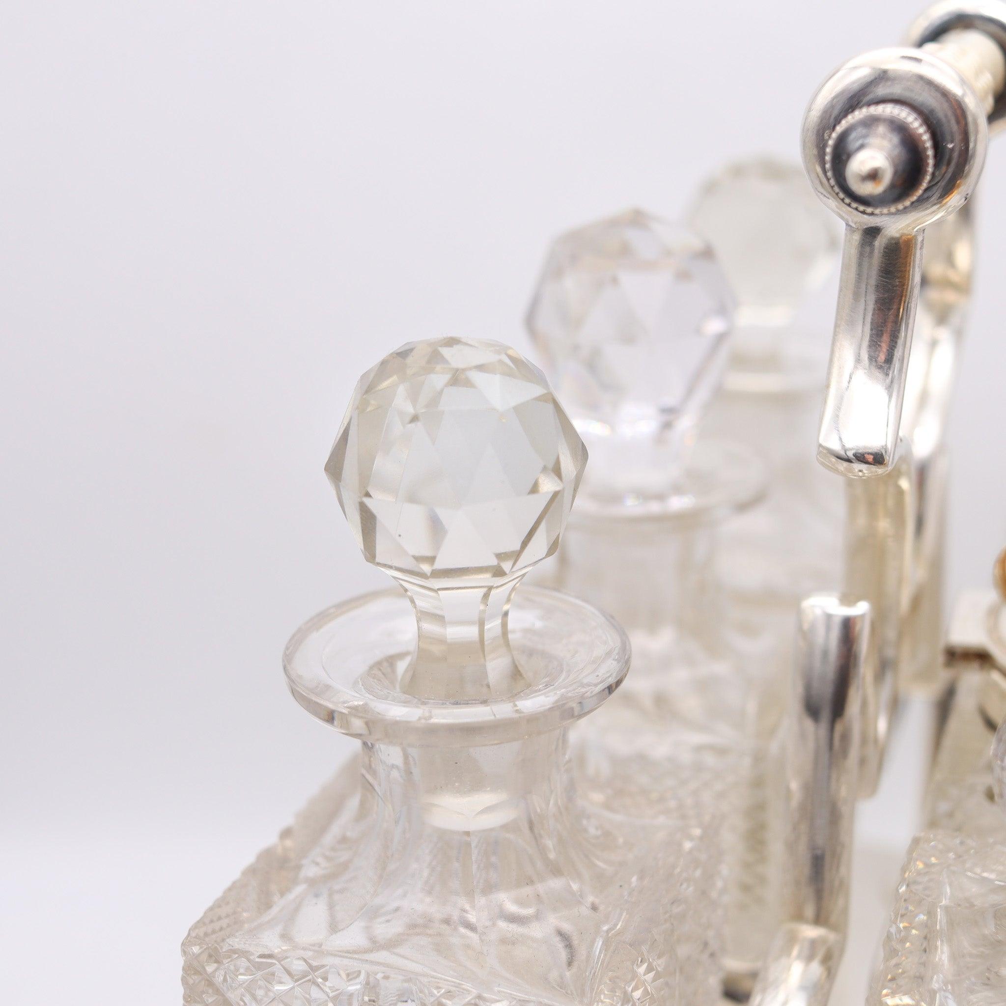Late 19th Century DANIEL & ARTER 1900 London, Bailey Banks & Biddle 6 Pieces Cruet Set Cut Glass For Sale