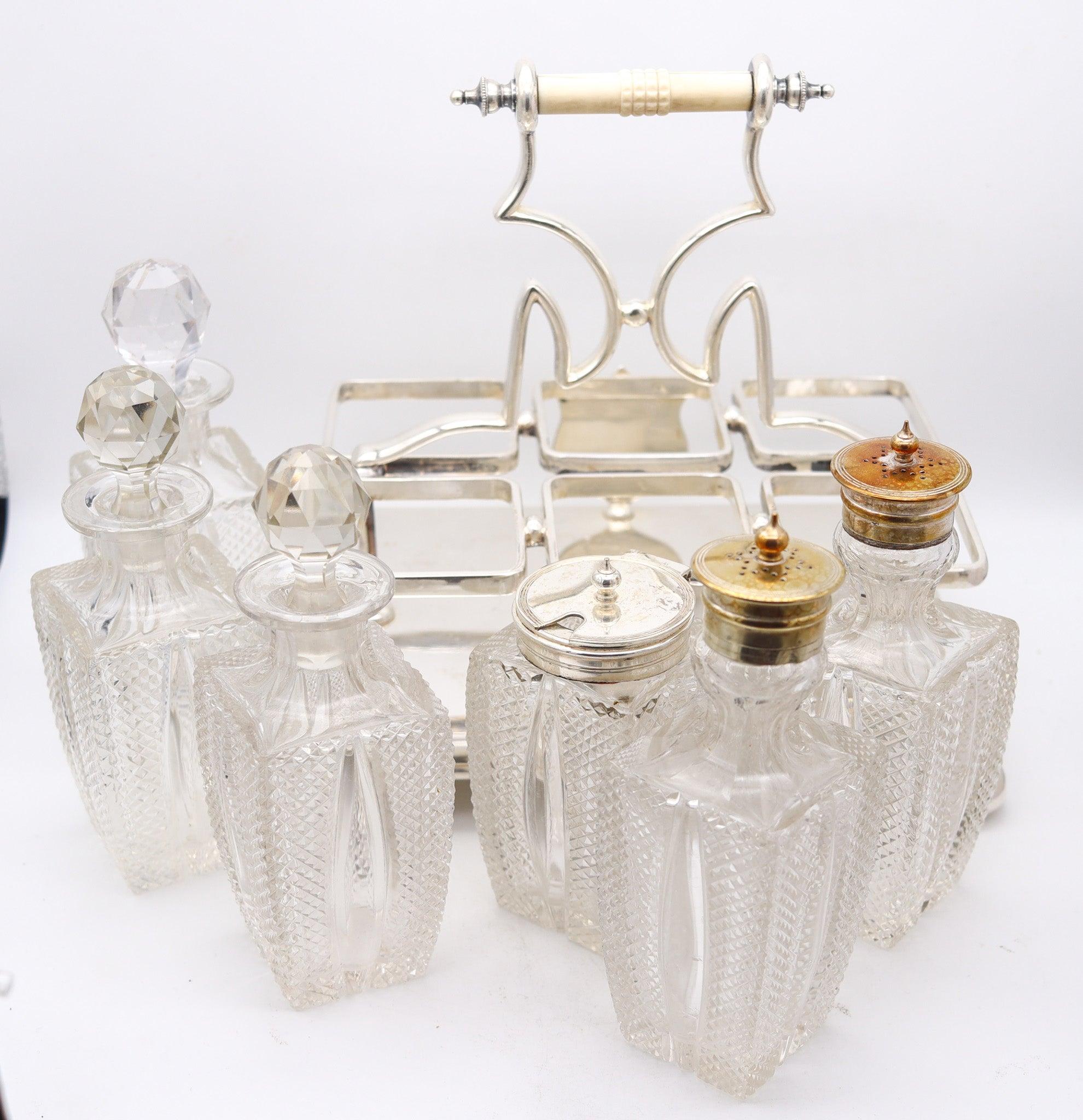 Silver DANIEL & ARTER 1900 London, Bailey Banks & Biddle 6 Pieces Cruet Set Cut Glass For Sale