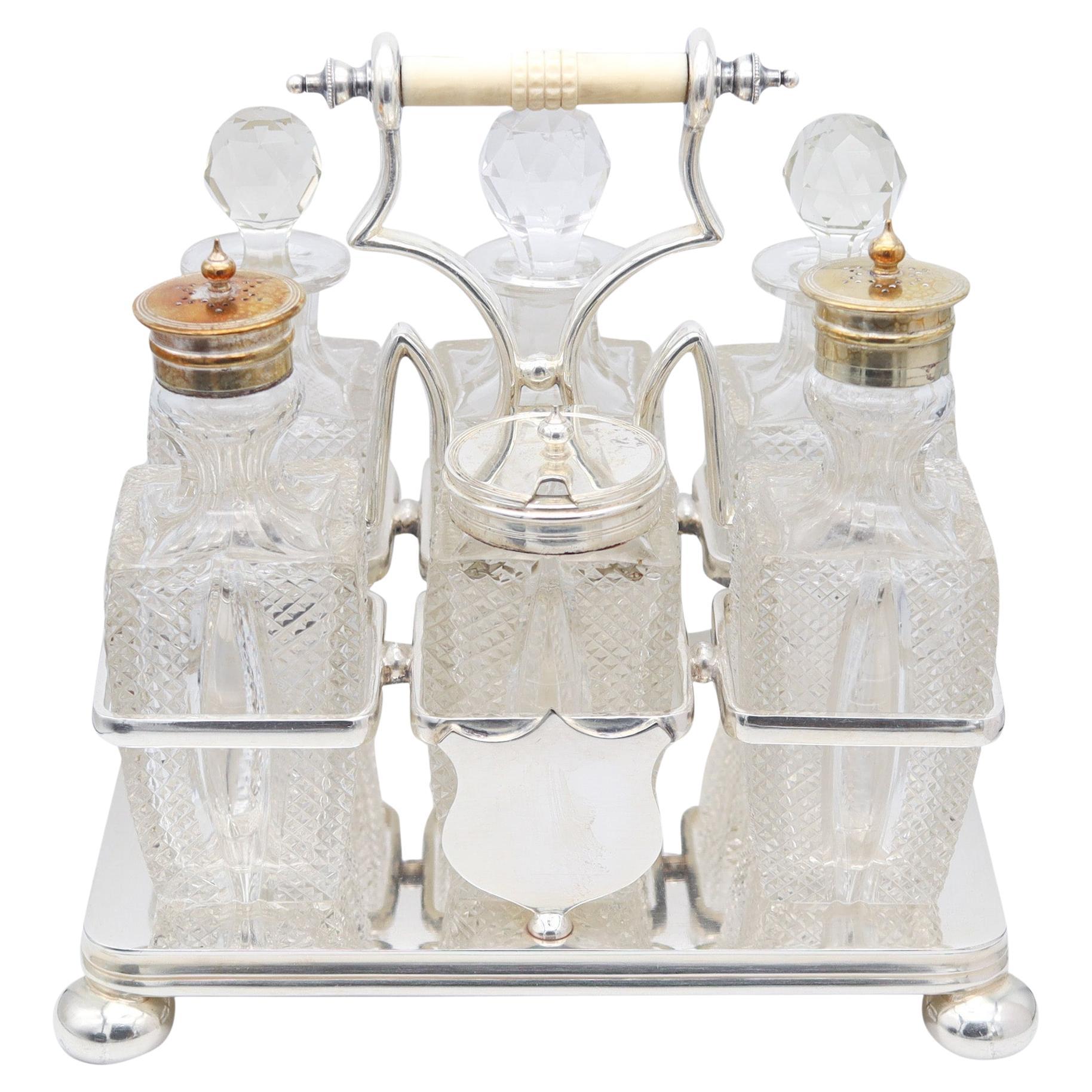 DANIEL & ARTER 1900 London, Bailey Banks & Biddle 6 Pieces Cruet Set Cut Glass For Sale