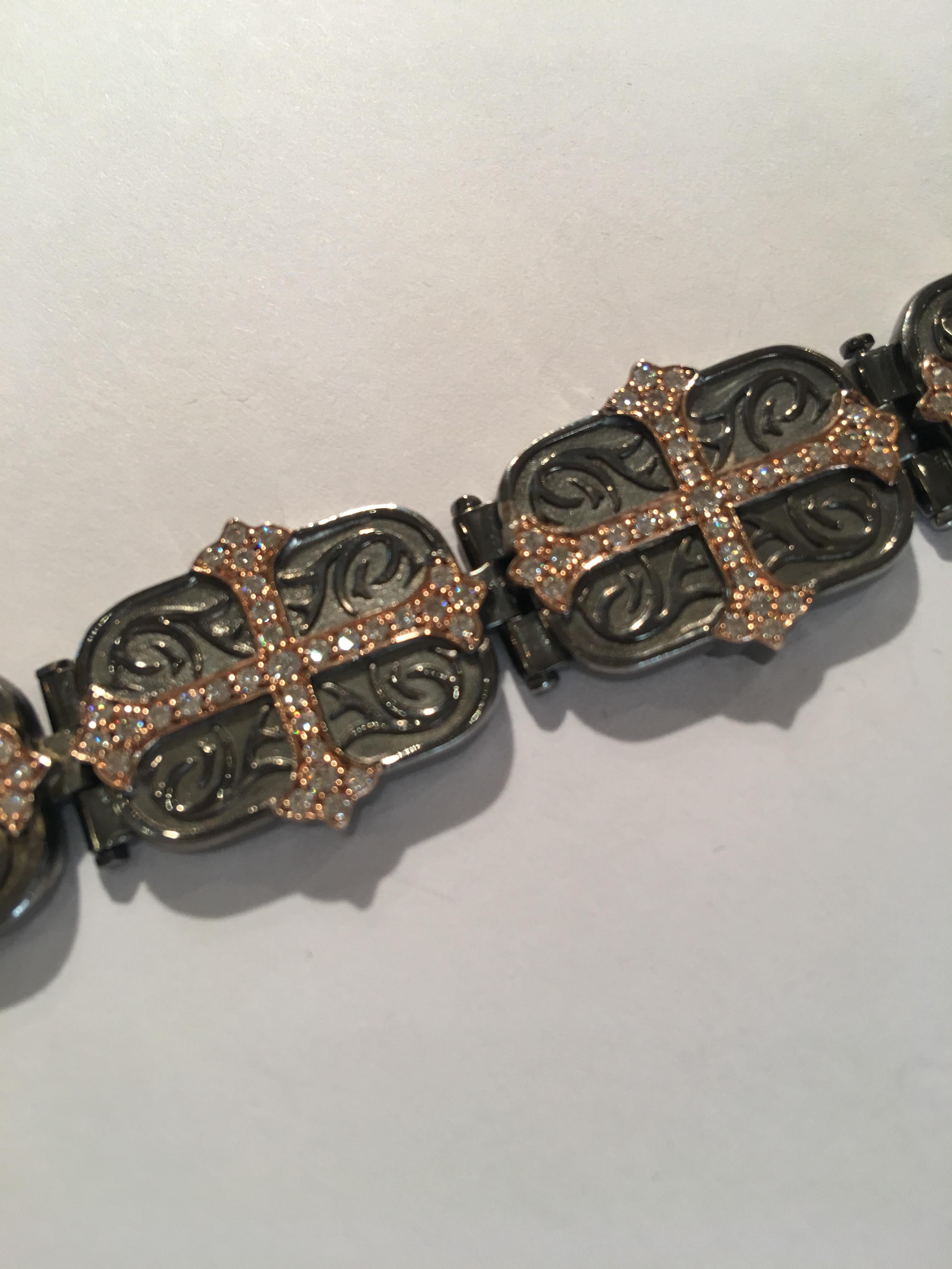 Contemporary Daniel Bass, NYC 14 Karat Rose Gold Sterling Silver 2.80 Carat Diamonds Bracelet
