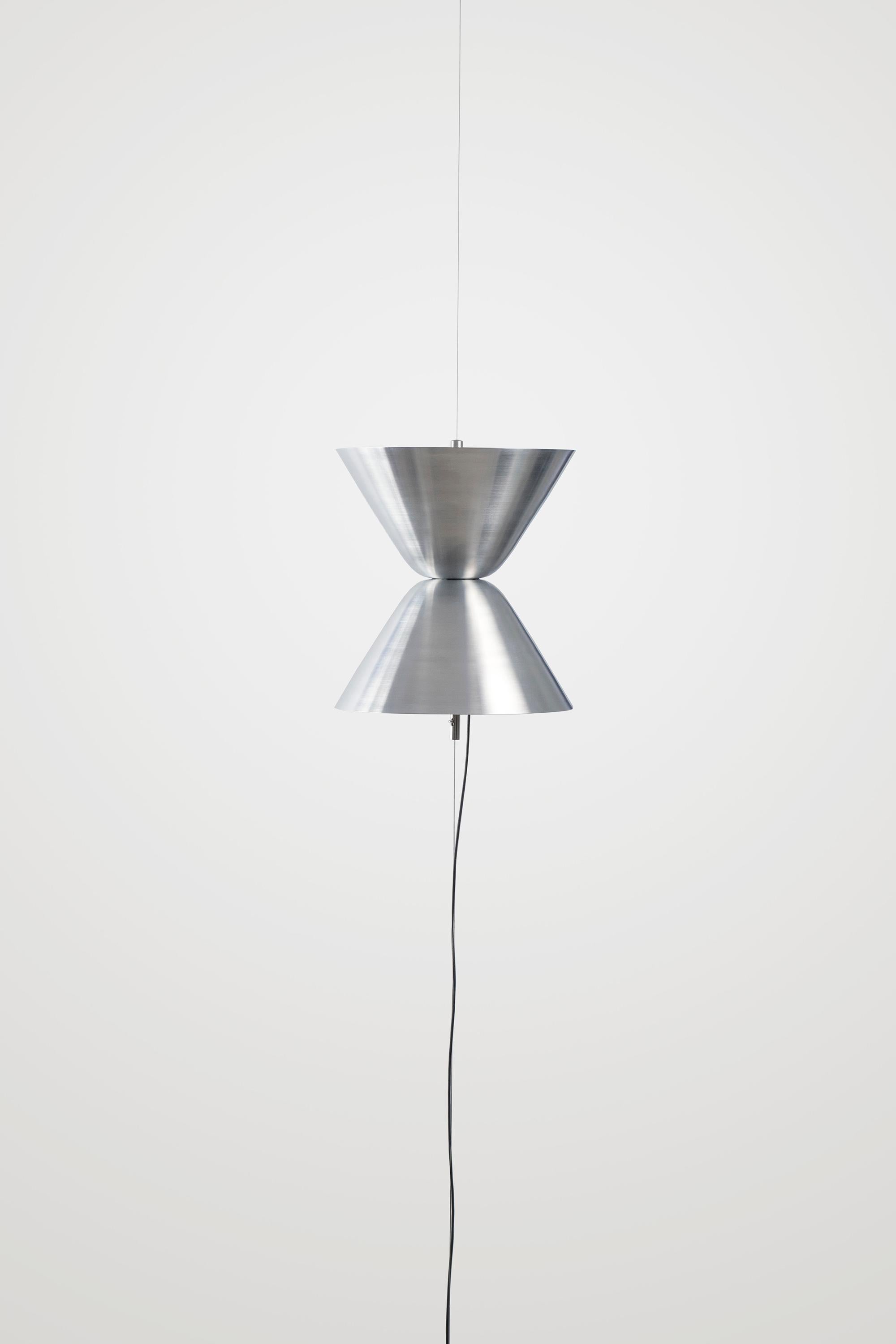 Mid-Century Modern Daniel Becker Aureole Suspended Floor Lamp in Brushed Aluminum for Moss Objects For Sale