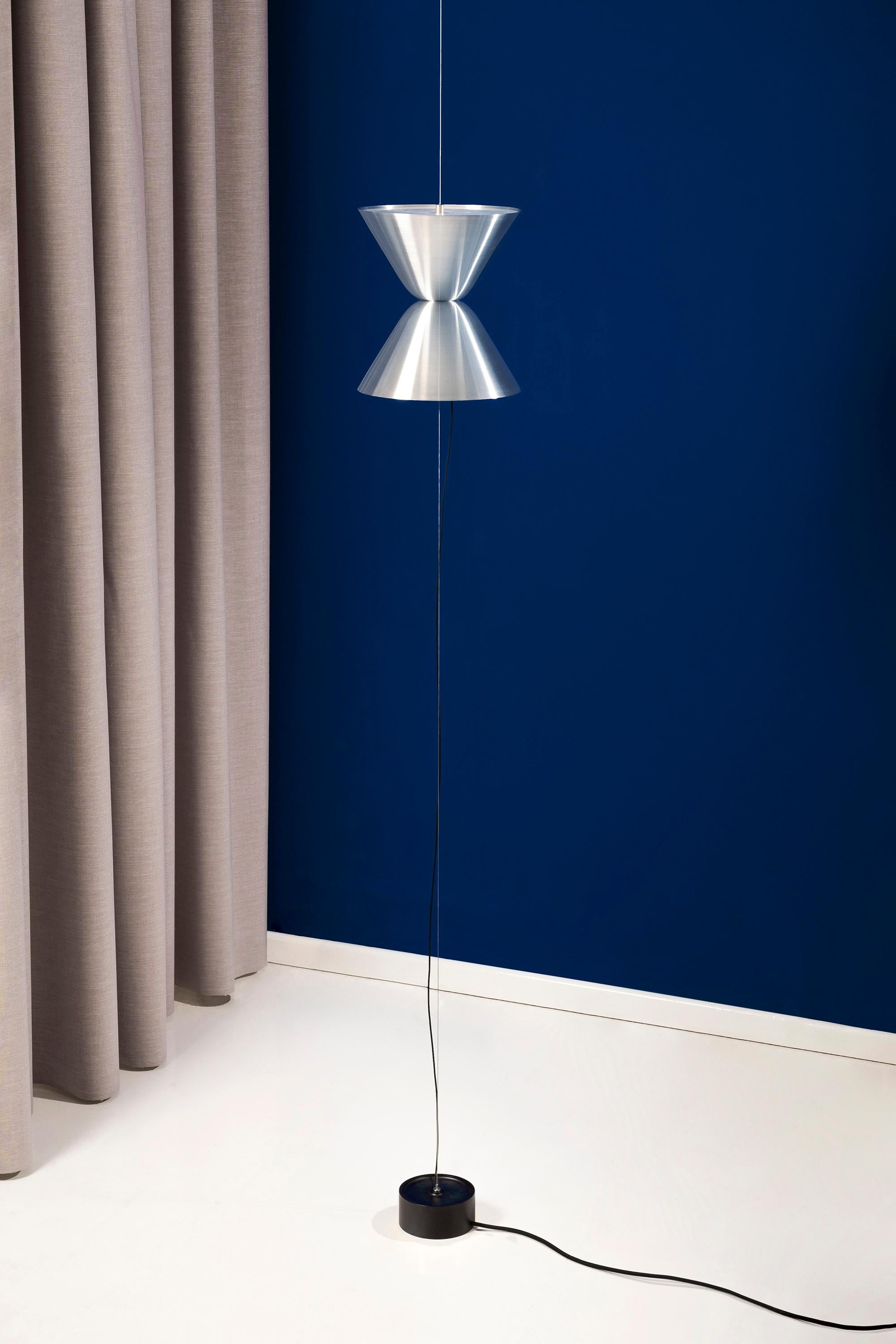 Powder-Coated Daniel Becker Aureole Suspended Floor Lamp in Brushed Aluminum for Moss Objects For Sale