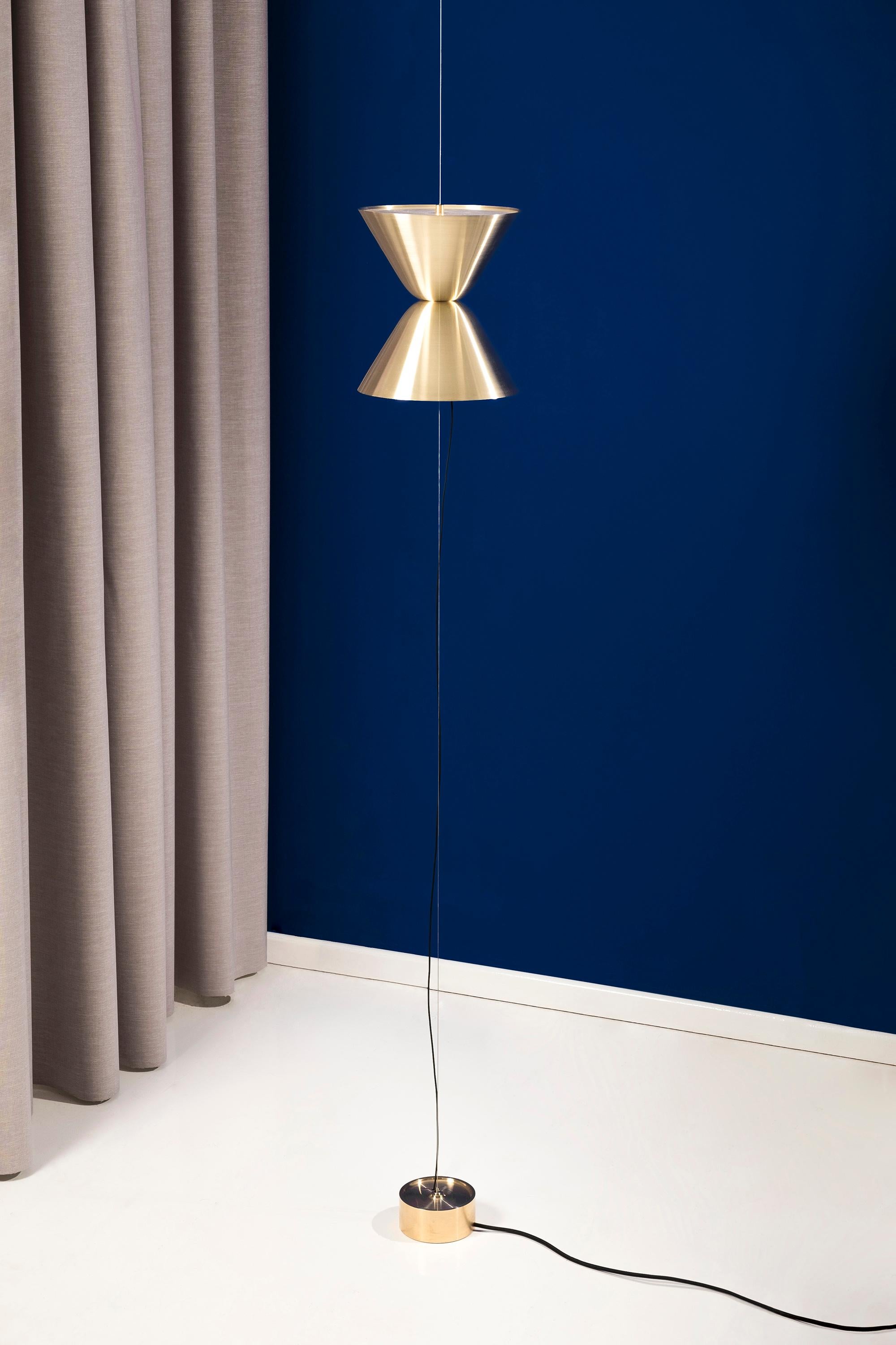 Mid-Century Modern Daniel Becker 'Aureole' Suspended Floor Lamp in Brushed Brass for Moss Objects For Sale