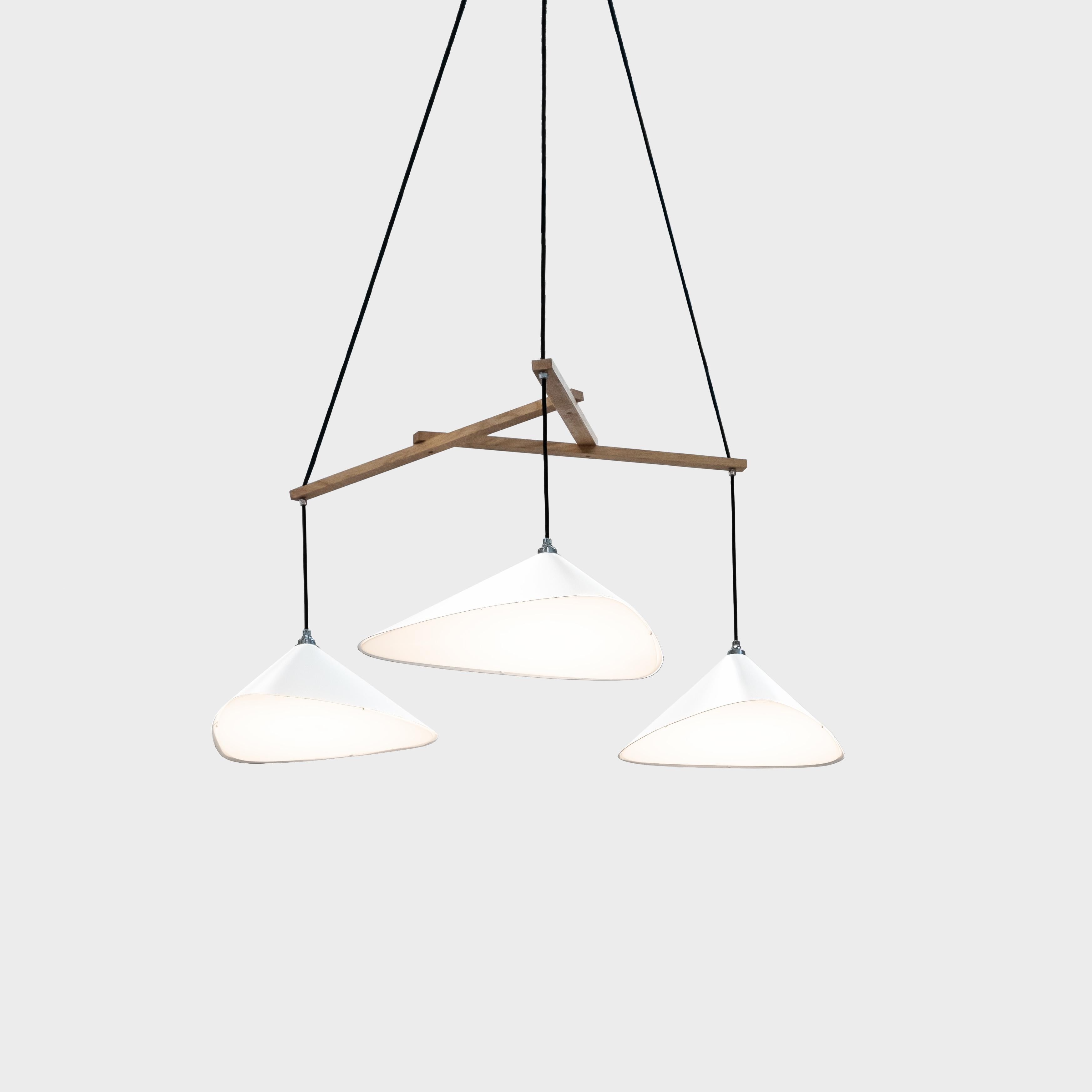 Daniel Becker 'Emily 3' chandelier in matte white for Moss Objects. Designed by Berlin luminary Daniel Becker and handmade to order using mid-century manufacturing techniques. Executed in high-quality sheet metal with anthracite matte white paint, a