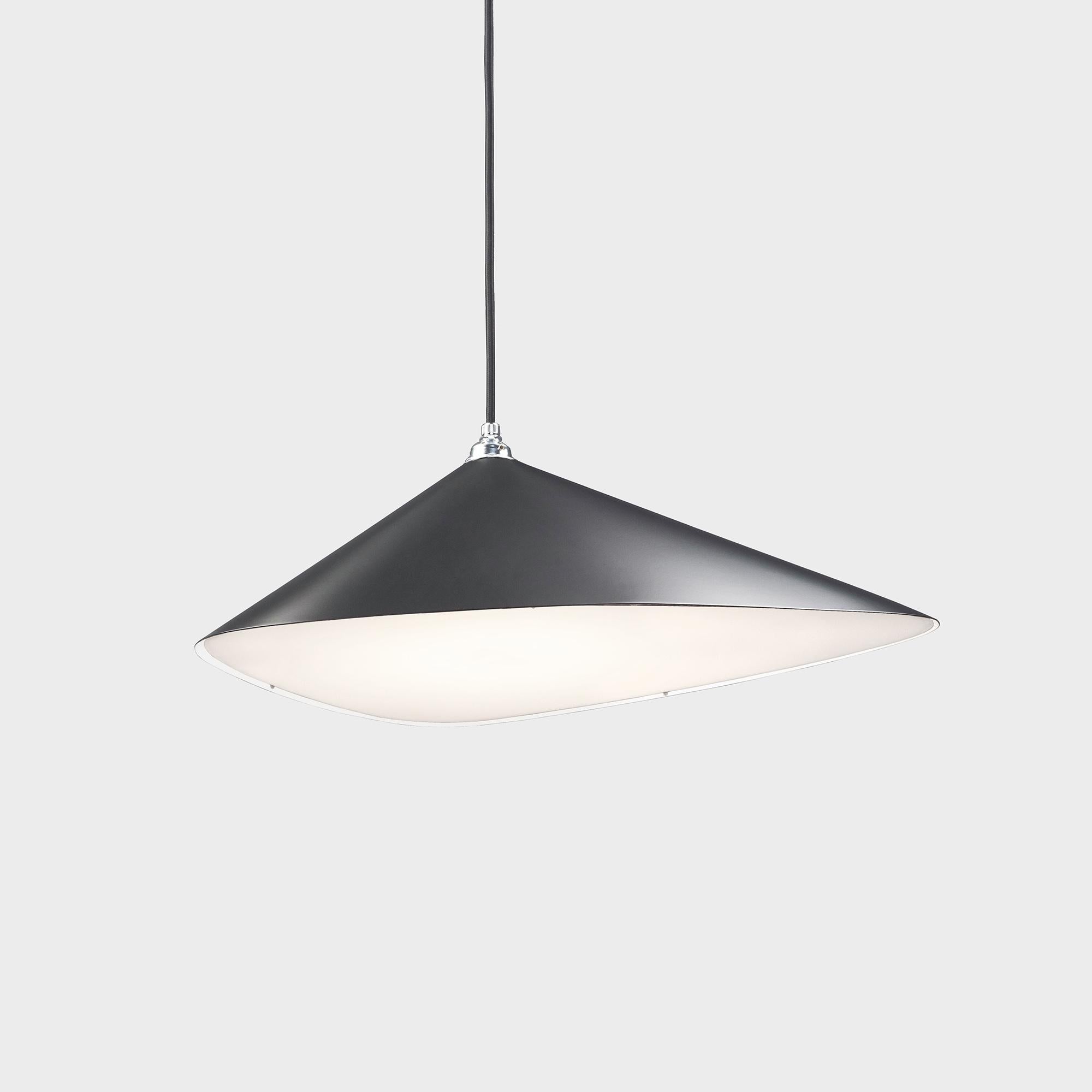Daniel Becker 'Emily I' Pendant Lamp in Anthracite For Moss Objects. Designed by Berlin luminary Daniel Becker and handmade to order using mid-century manufacturing techniques. Executed in high-quality sheet metal with up to ten layers glossy or