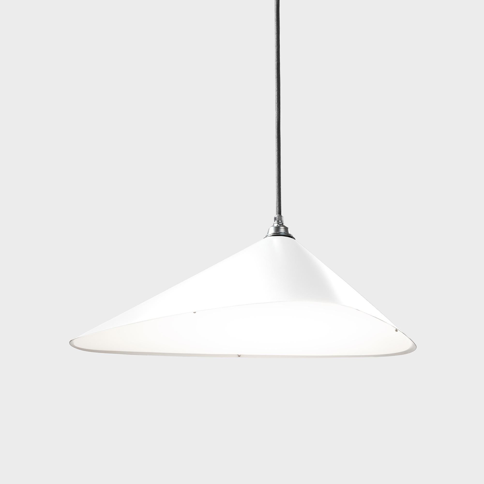 Daniel Becker 'Emily I' Pendant Lamp in Matte White For Moss Objects. Designed by Berlin luminary Daniel Becker and handmade to order using mid-century manufacturing techniques. Executed in high-quality sheet metal with up to ten layers glossy or