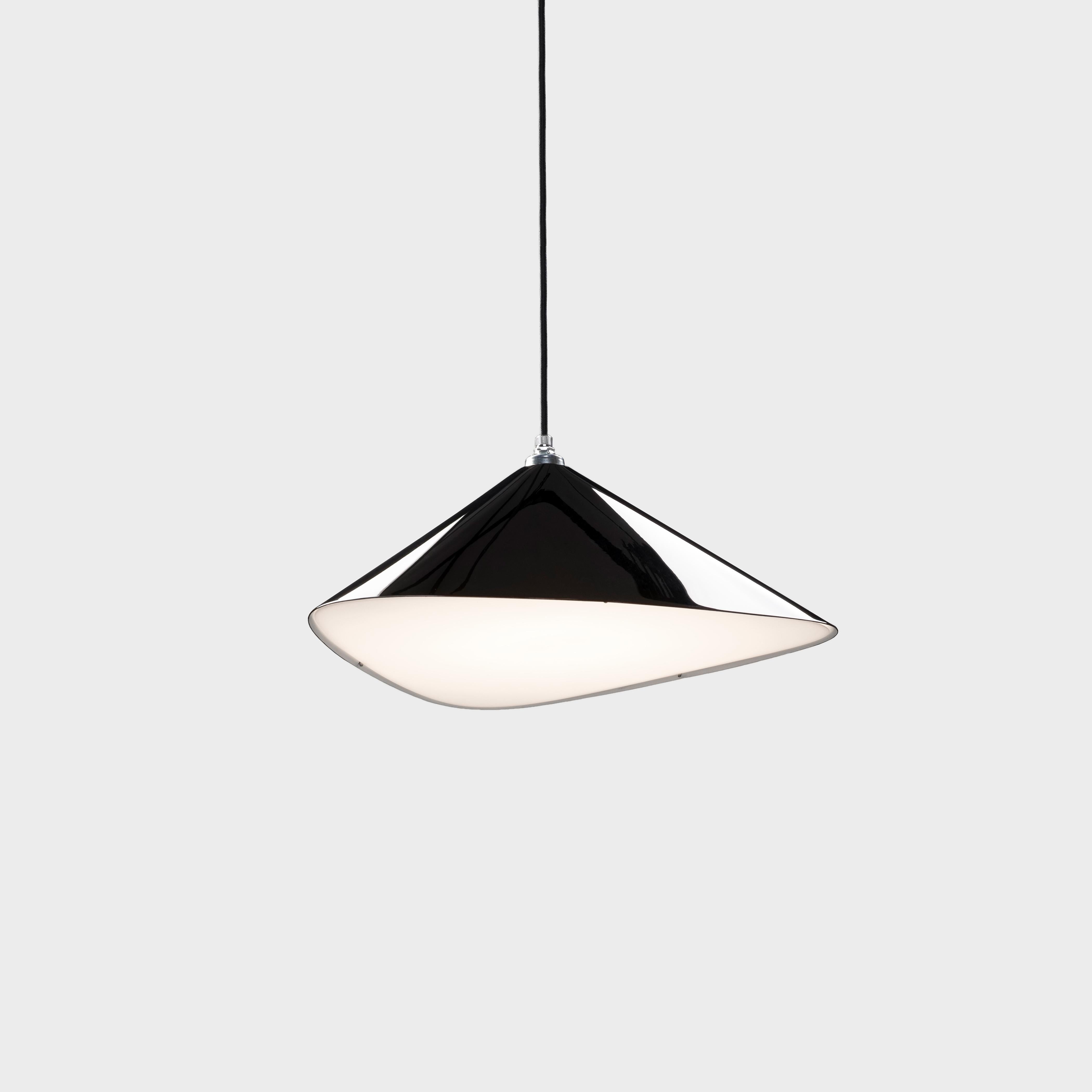 Daniel Becker 'Emily II' pendant lamp in glossy black for Moss Objects. Designed by Berlin luminary Daniel Becker and handmade to order using midcentury manufacturing techniques. Executed in high-quality sheet metal with up to ten layers glossy or