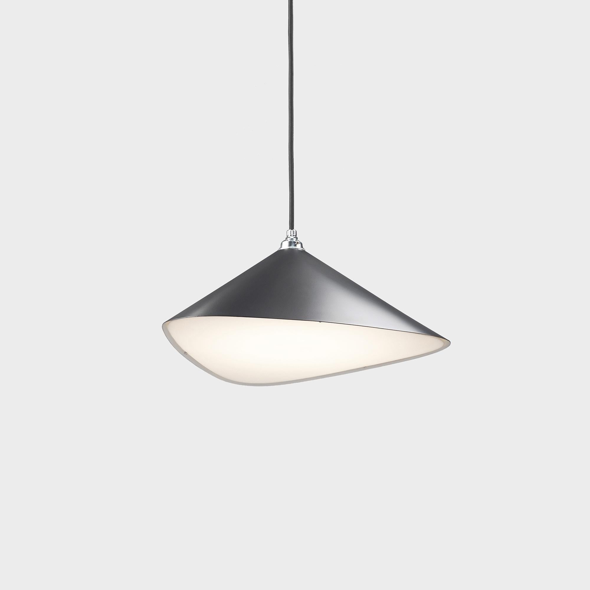 Daniel Becker 'Emily II' pendant lamp in anthracite for Moss Objects. Designed by Berlin luminary Daniel Becker and handmade to order using mid-century manufacturing techniques. Executed in high-quality sheet metal with up to ten layers glossy or