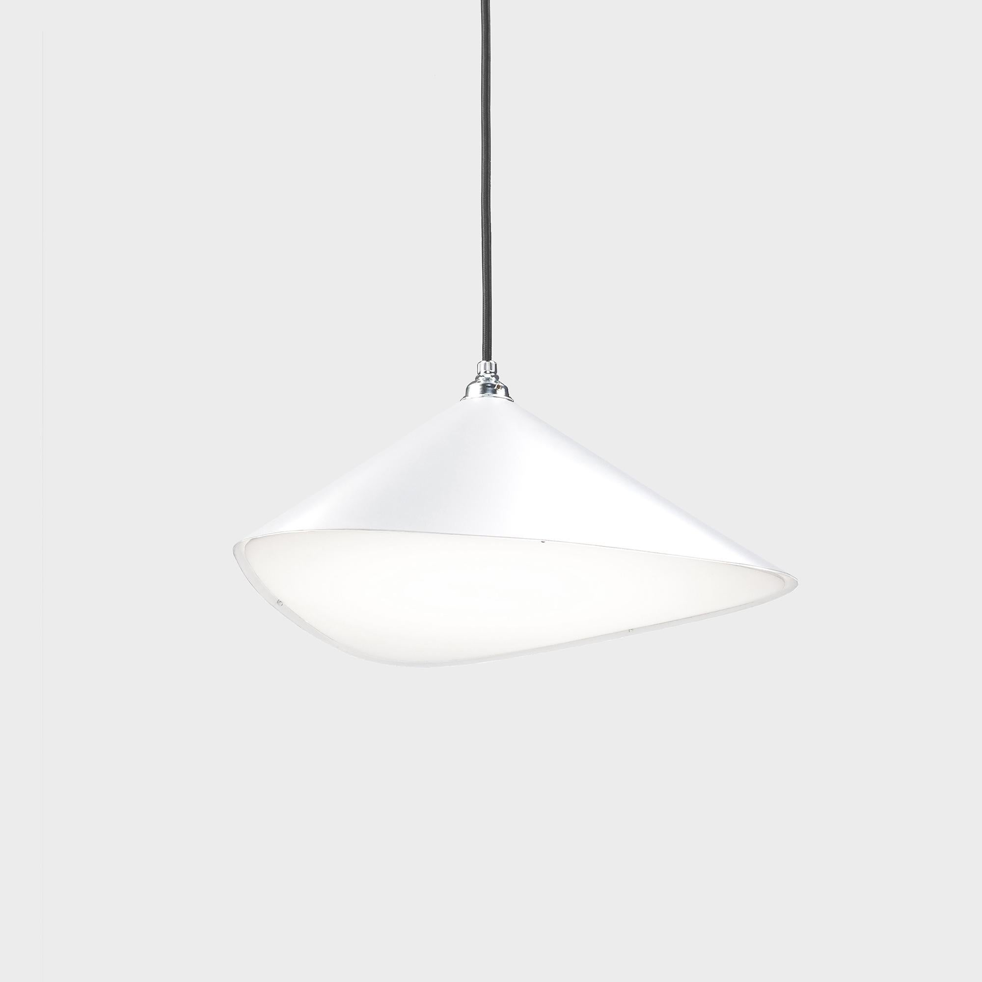 Daniel Becker 'Emily II' pendant lamp in matte white for Moss Objects. Designed by Berlin luminary Daniel Becker and handmade to order using mid-century manufacturing techniques. Executed in high-quality sheet metal with up to ten layers glossy or
