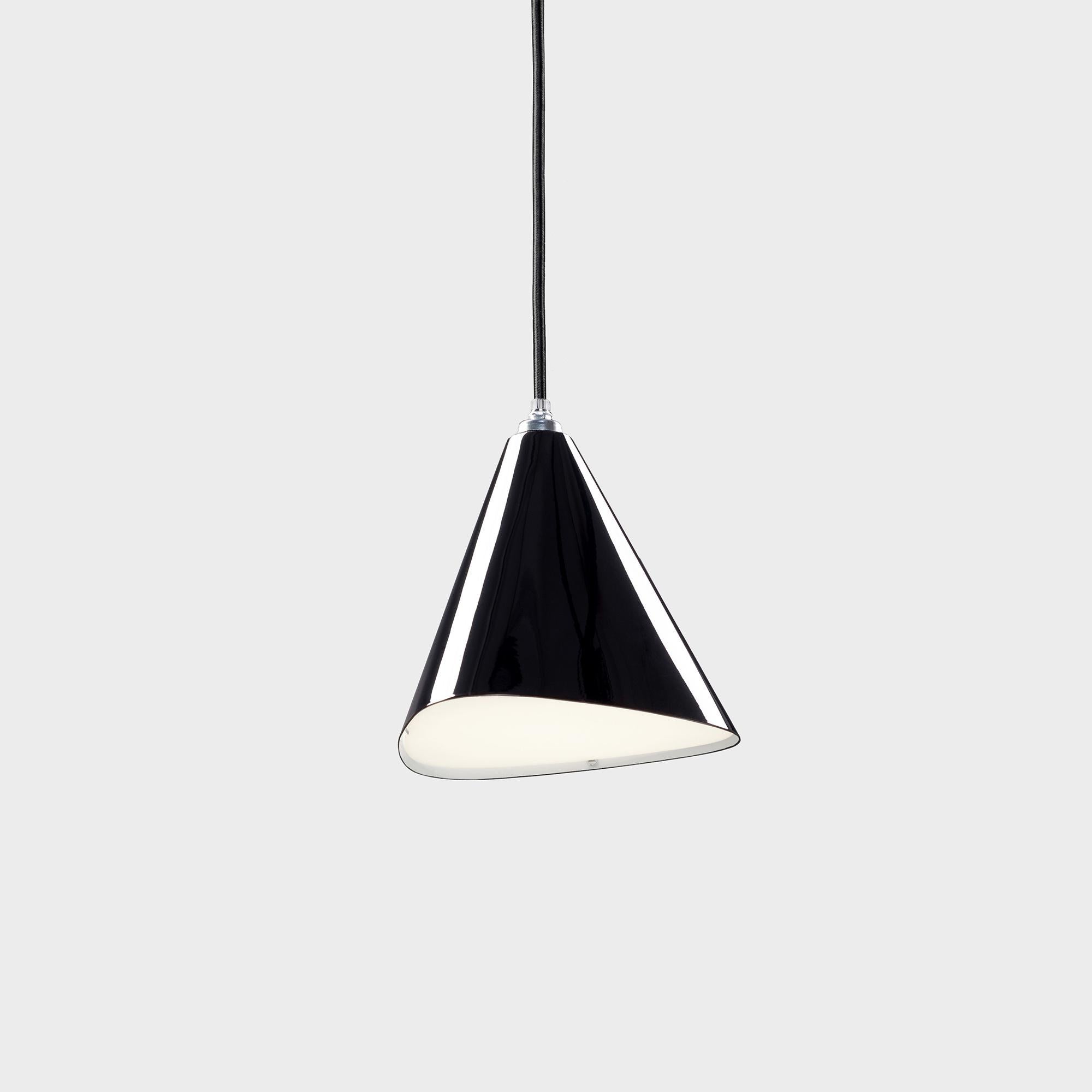 Daniel Becker 'Emily III' pendant lamp in gloss black for Moss Objects. Designed by Berlin luminary Daniel Becker and handmade to order using mid-century manufacturing techniques. Executed in high-quality sheet metal with up to ten layers glossy or