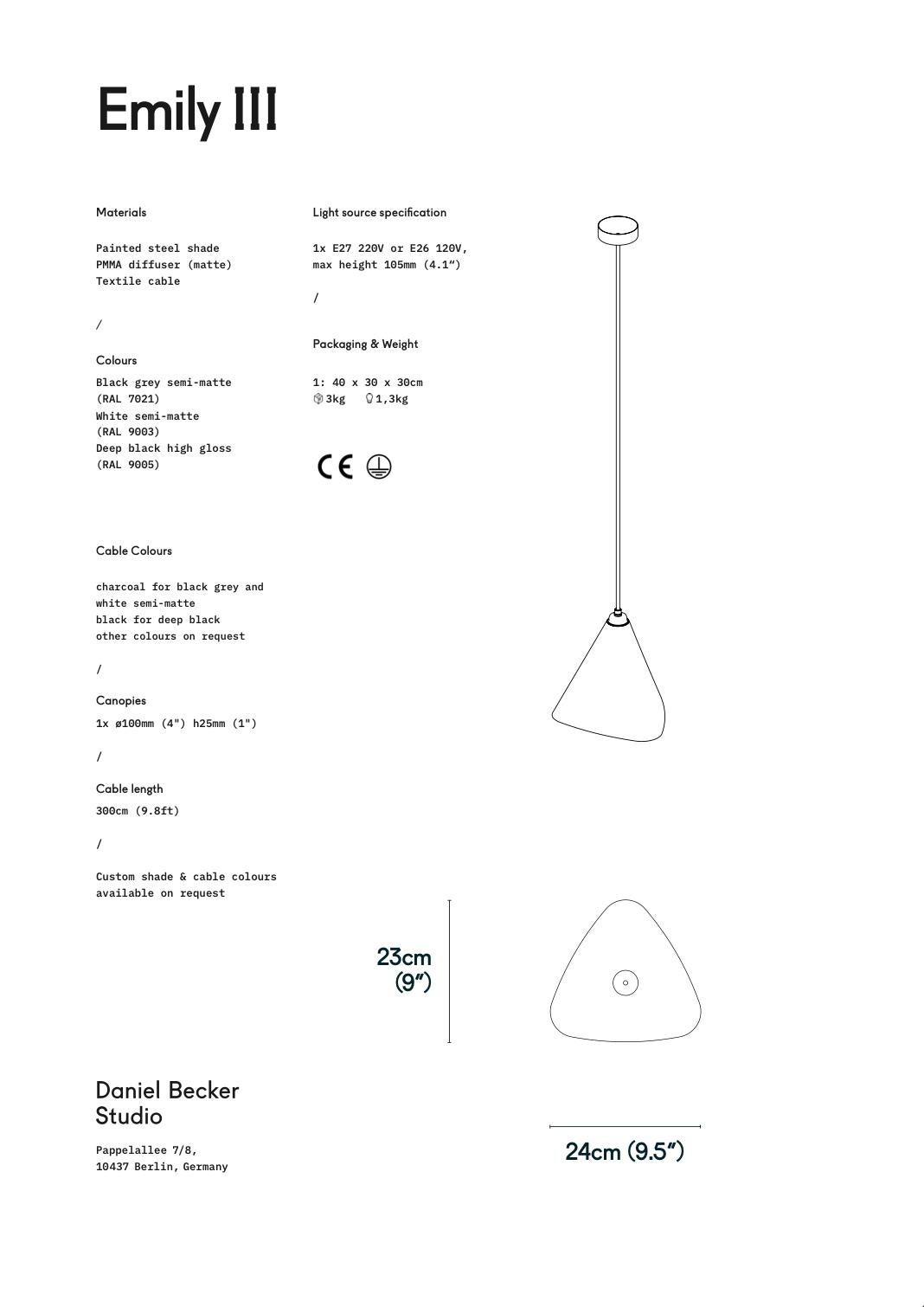 Metallo Lampada a sospensione 'Emily III' di Daniel Becker in nero lucido per Moss Objects in vendita